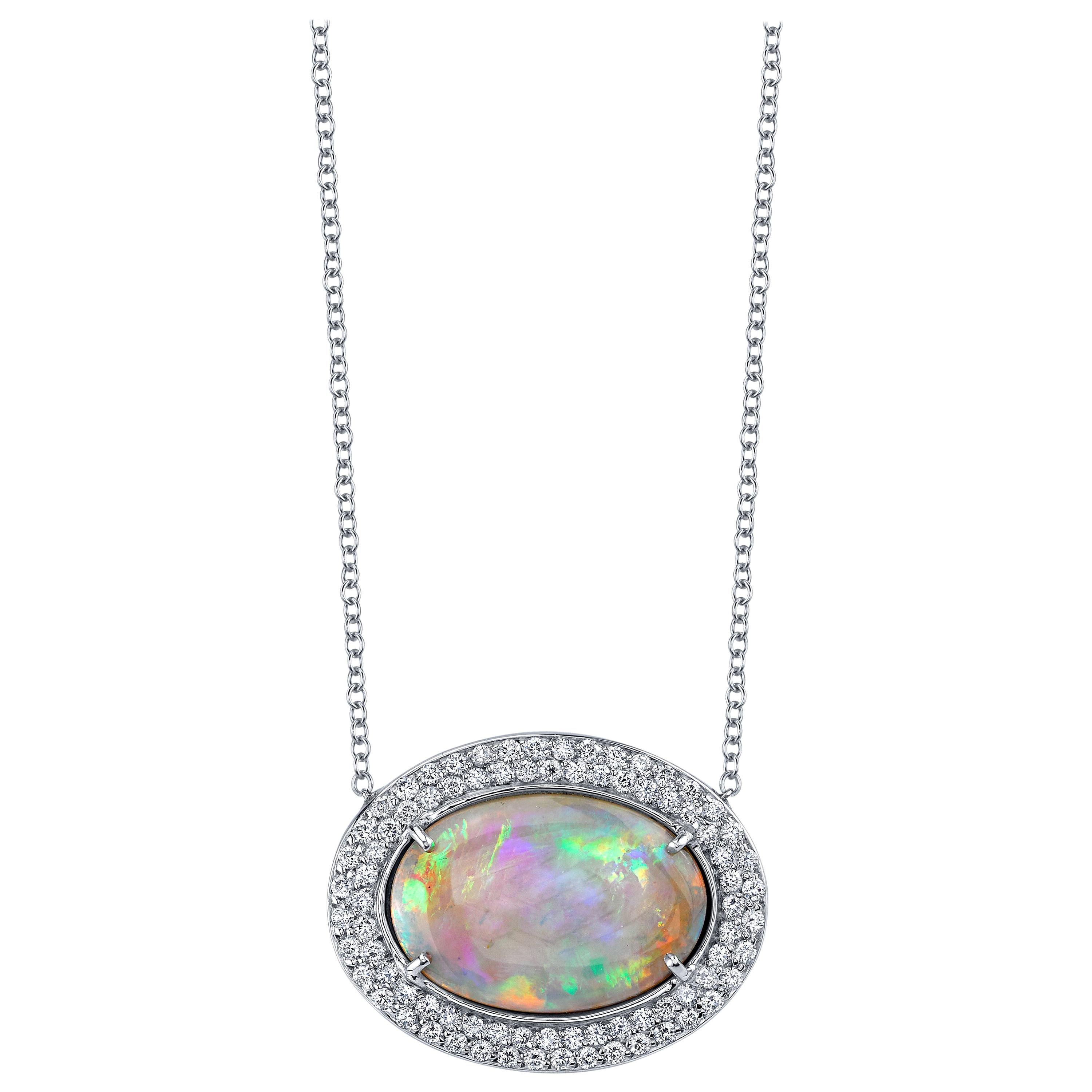 8.50 ct. Australian Opal and Diamond Halo White Gold Pendant Necklace 