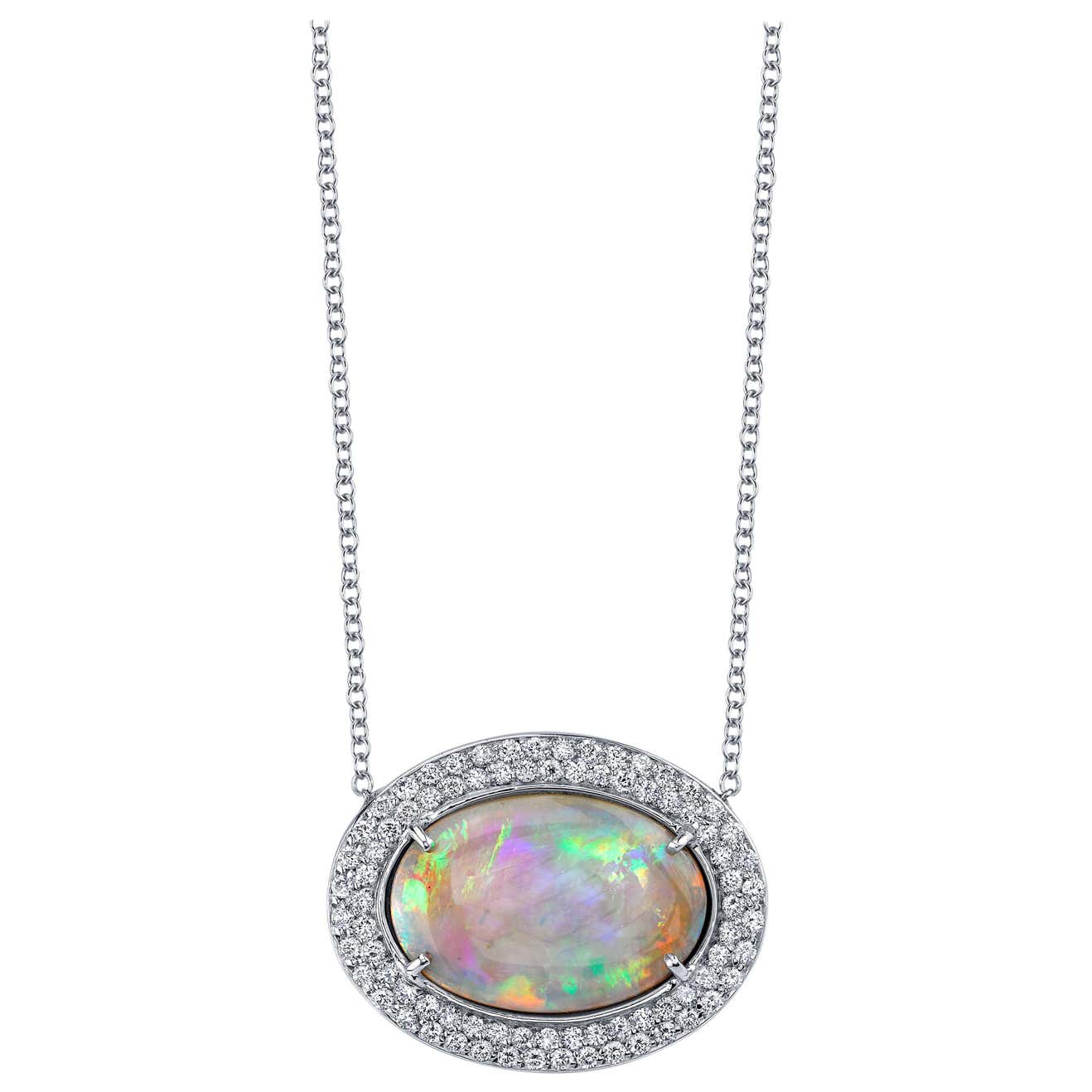 8.50 ct. Australian Opal and Diamond Halo White Gold Pendant Necklace ...