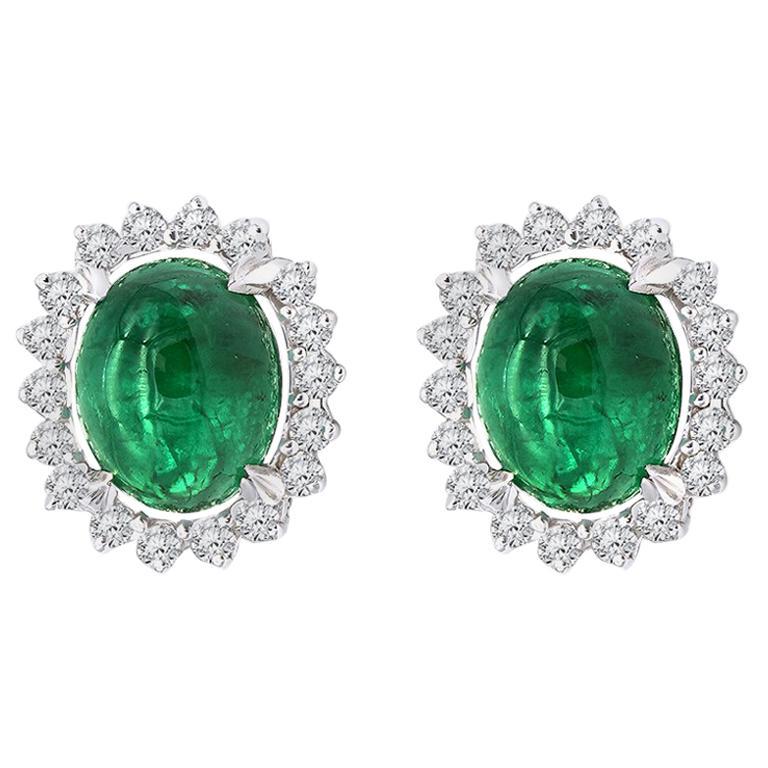 Oval Cut 8.50 Carat Cabochon Emerald and Diamond Earrings Mounted in 14k White Gold  For Sale