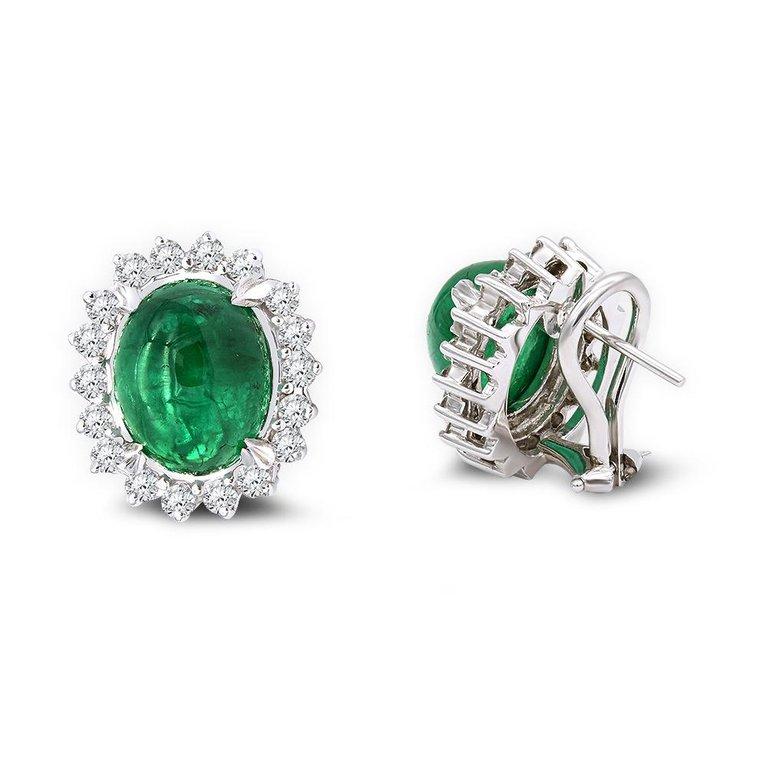 8.50 Carat Cabochon Emerald and Diamond Earrings Mounted in 14k White Gold  In New Condition For Sale In Little Neck, NY