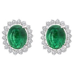 8.50 Carat Cabochon Emerald and Diamond Earrings Mounted in 14k White Gold 