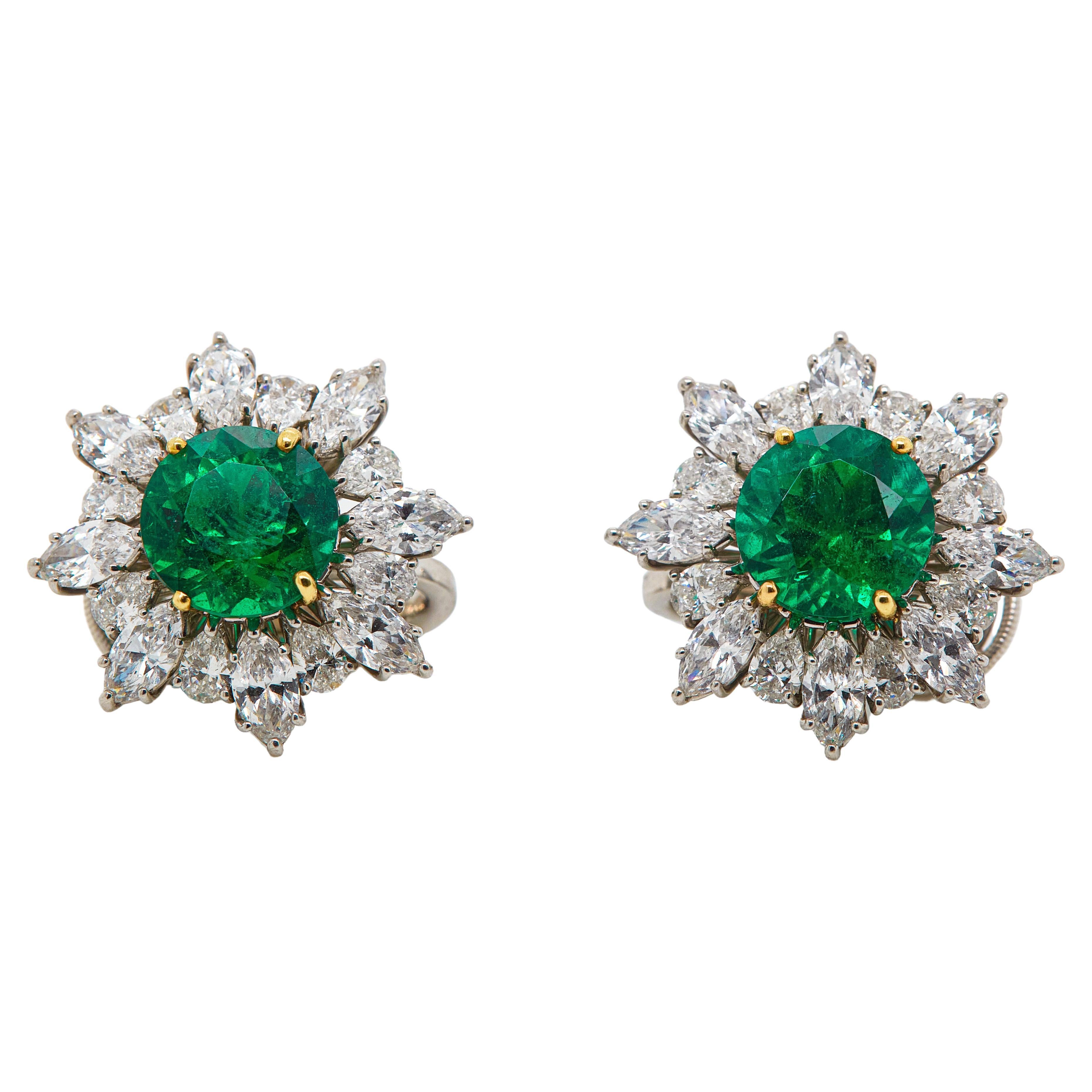 GIA and IGI Certified 7 Carat Vivid Green Emerald and Marquise Diamonds