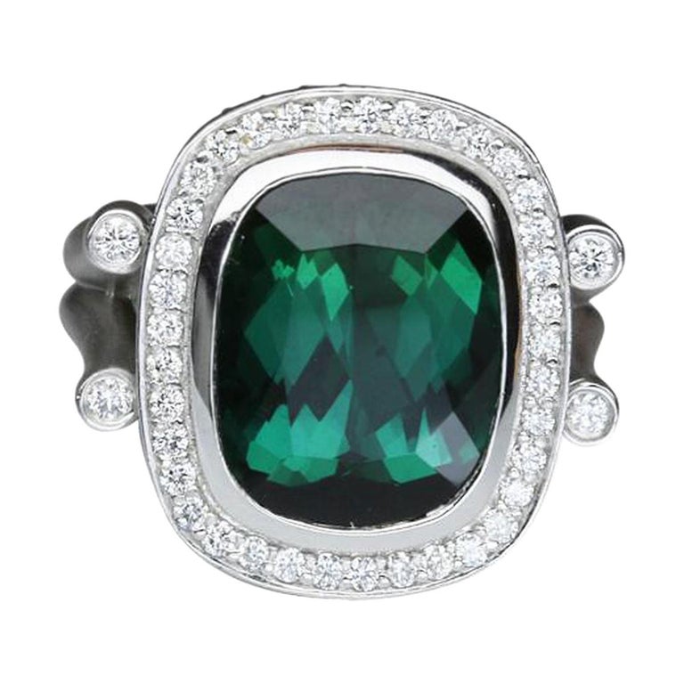 8.50 Carat Cushion Cut Green Tourmaline Diamond Ring Estate Fine