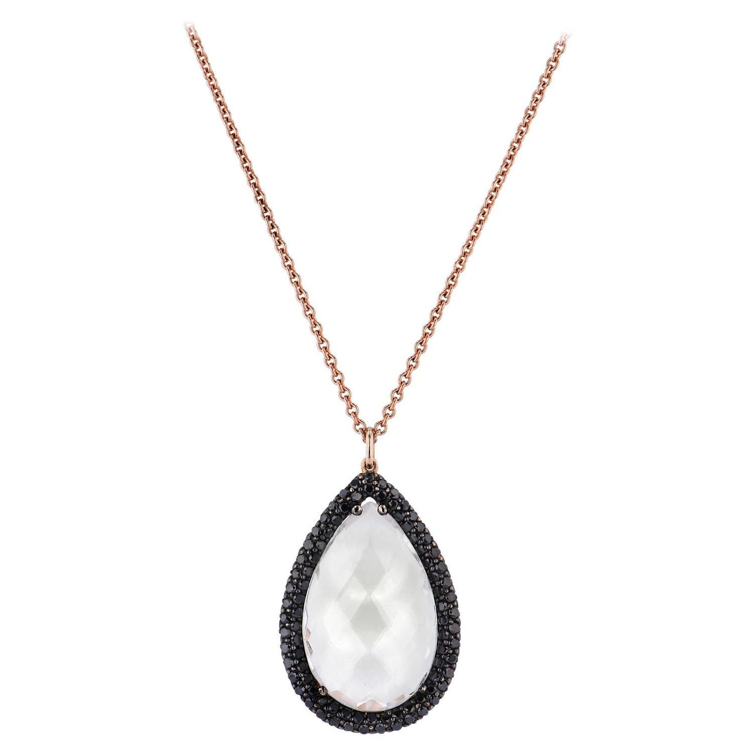 8.50 Carat Italian Pear Shaped White Topaz &  Black Diamond Pendant Necklace For Sale