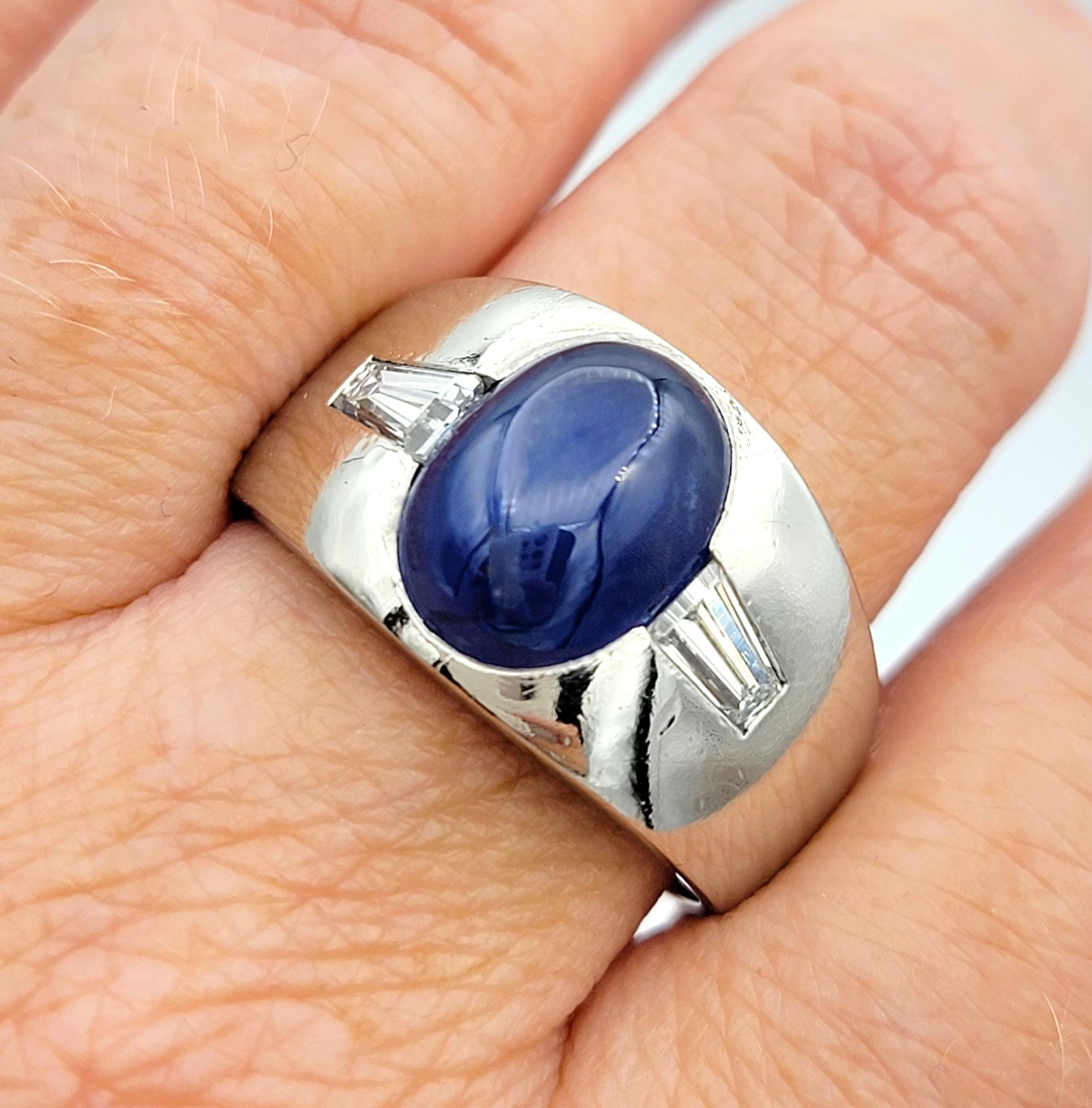 8.50 Carat Oval Cabochon Star Sapphire Ring with Baguette Diamonds in Platinum For Sale 5