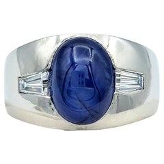 8.50 Carat Oval Cabochon Star Sapphire Ring with Baguette Diamonds in Platinum