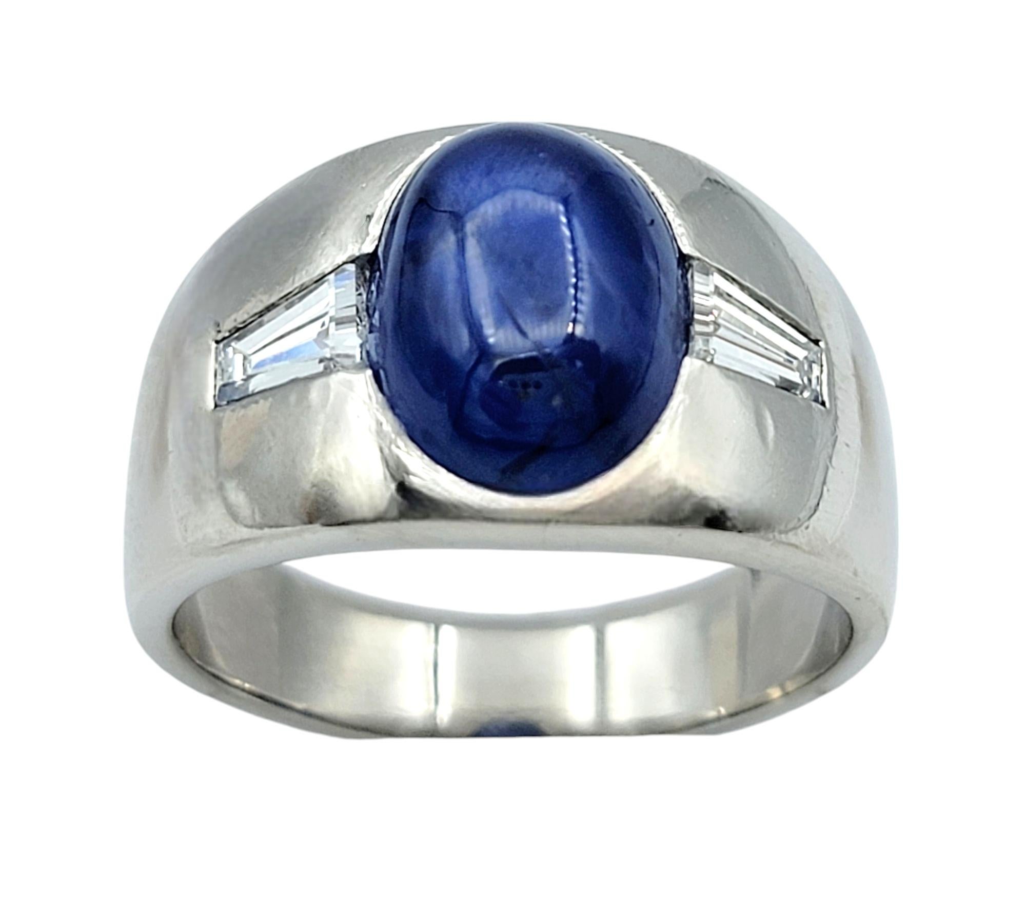 Contemporary 8.50 Carat Oval Cabochon Star Sapphire Ring with Baguette Diamonds in Platinum For Sale