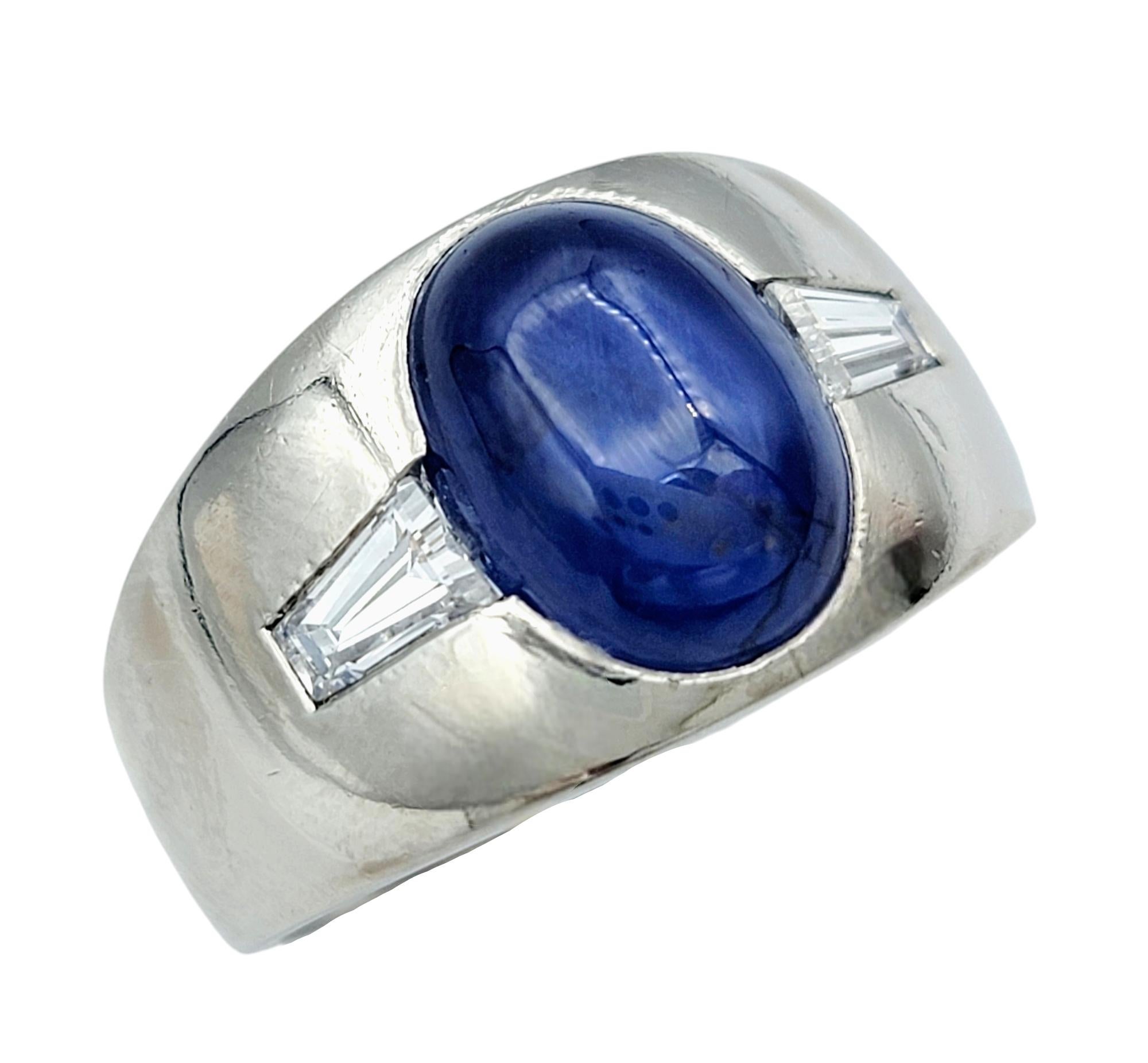 8.50 Carat Oval Cabochon Star Sapphire Ring with Baguette Diamonds in Platinum In Good Condition For Sale In Scottsdale, AZ