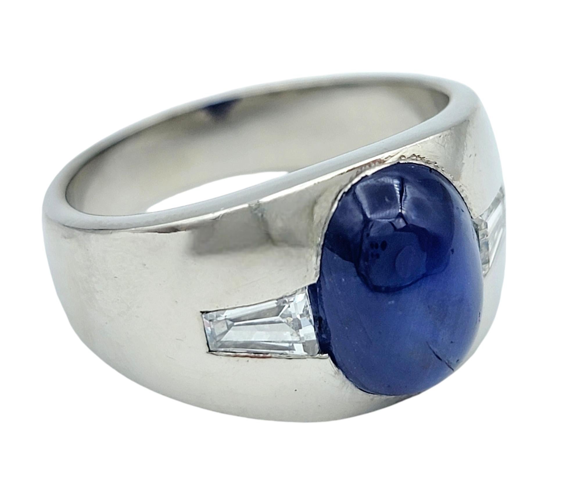 Women's or Men's 8.50 Carat Oval Cabochon Star Sapphire Ring with Baguette Diamonds in Platinum For Sale