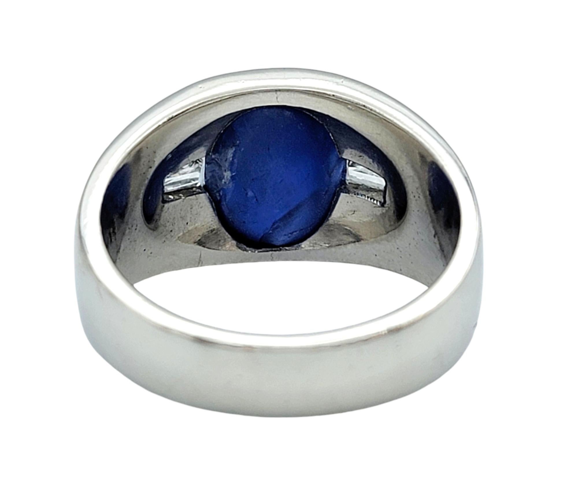 8.50 Carat Oval Cabochon Star Sapphire Ring with Baguette Diamonds in Platinum For Sale 1