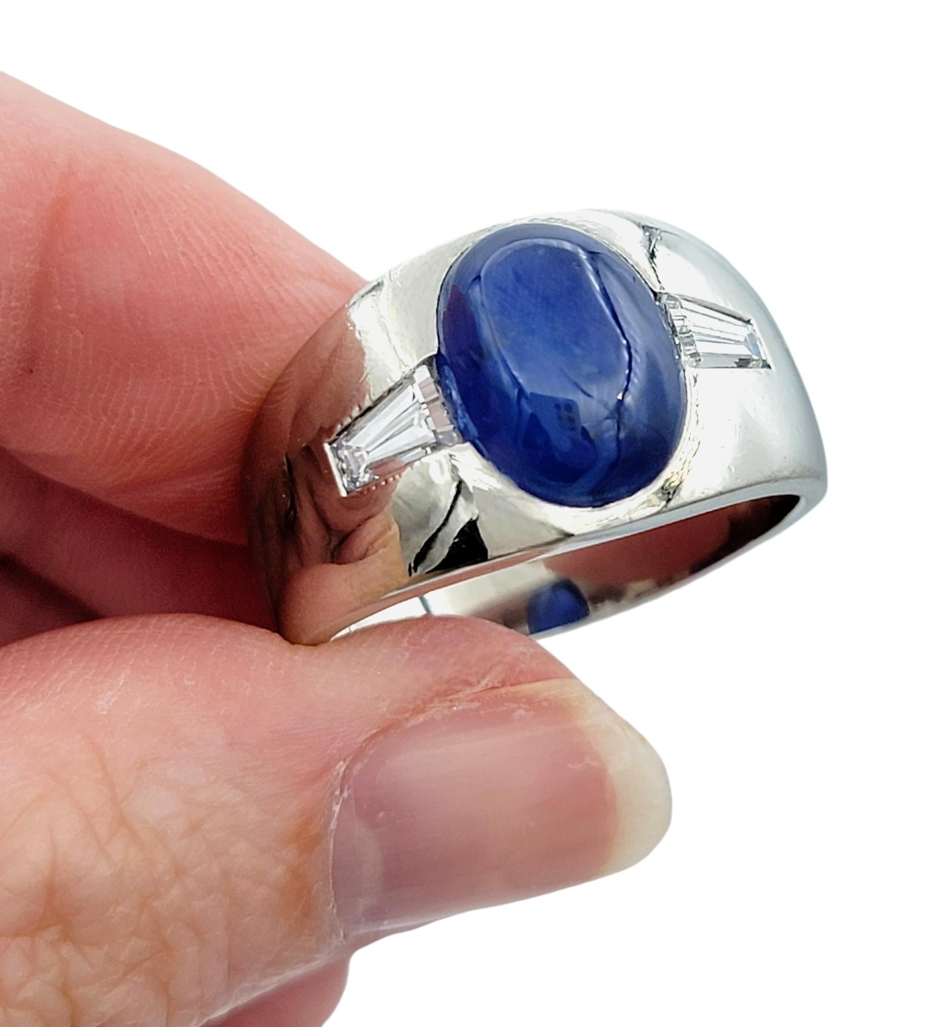 8.50 Carat Oval Cabochon Star Sapphire Ring with Baguette Diamonds in Platinum For Sale 3