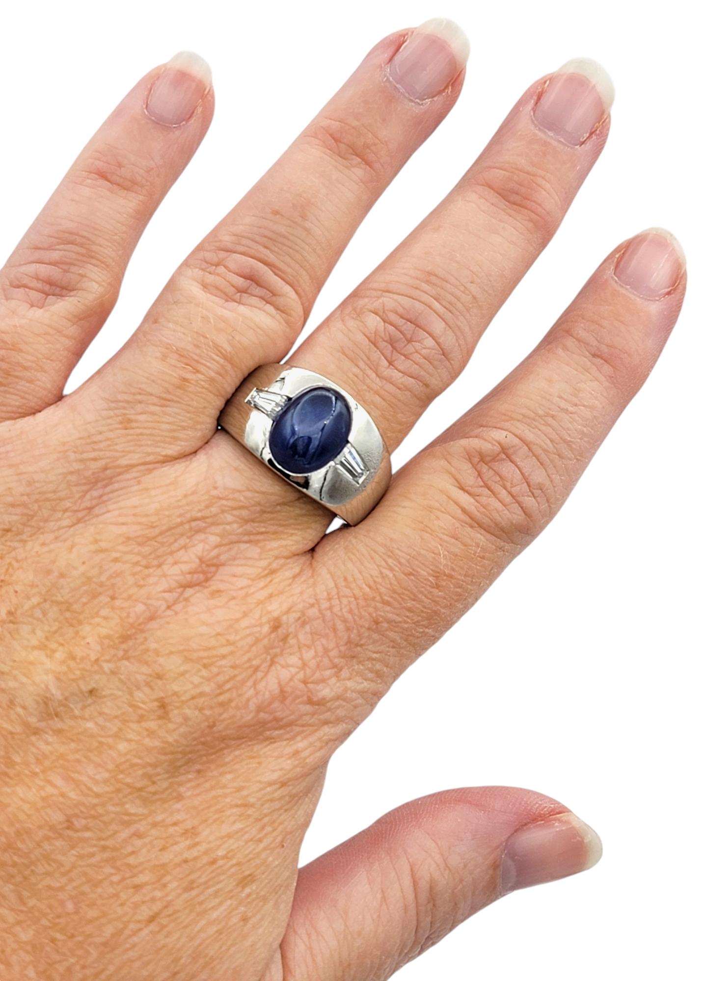 8.50 Carat Oval Cabochon Star Sapphire Ring with Baguette Diamonds in Platinum For Sale 4