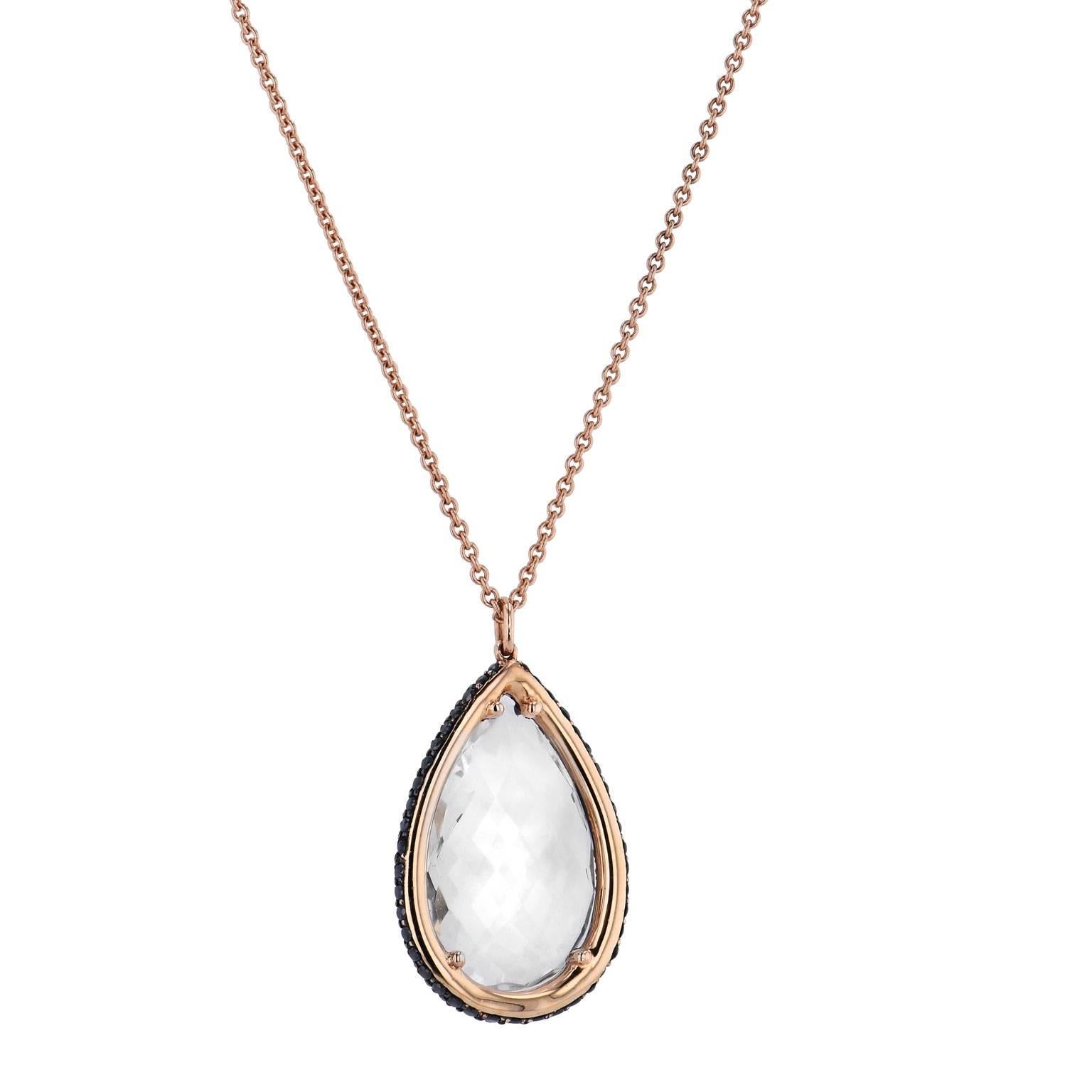 Pear Cut 8.50 Carat Italian Pear Shaped White Topaz &  Black Diamond Pendant Necklace For Sale