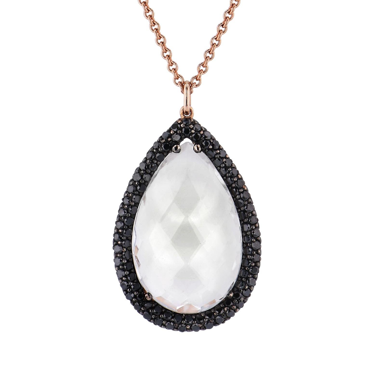 8.50 Carat Italian Pear Shaped White Topaz &  Black Diamond Pendant Necklace In Excellent Condition For Sale In Miami, FL