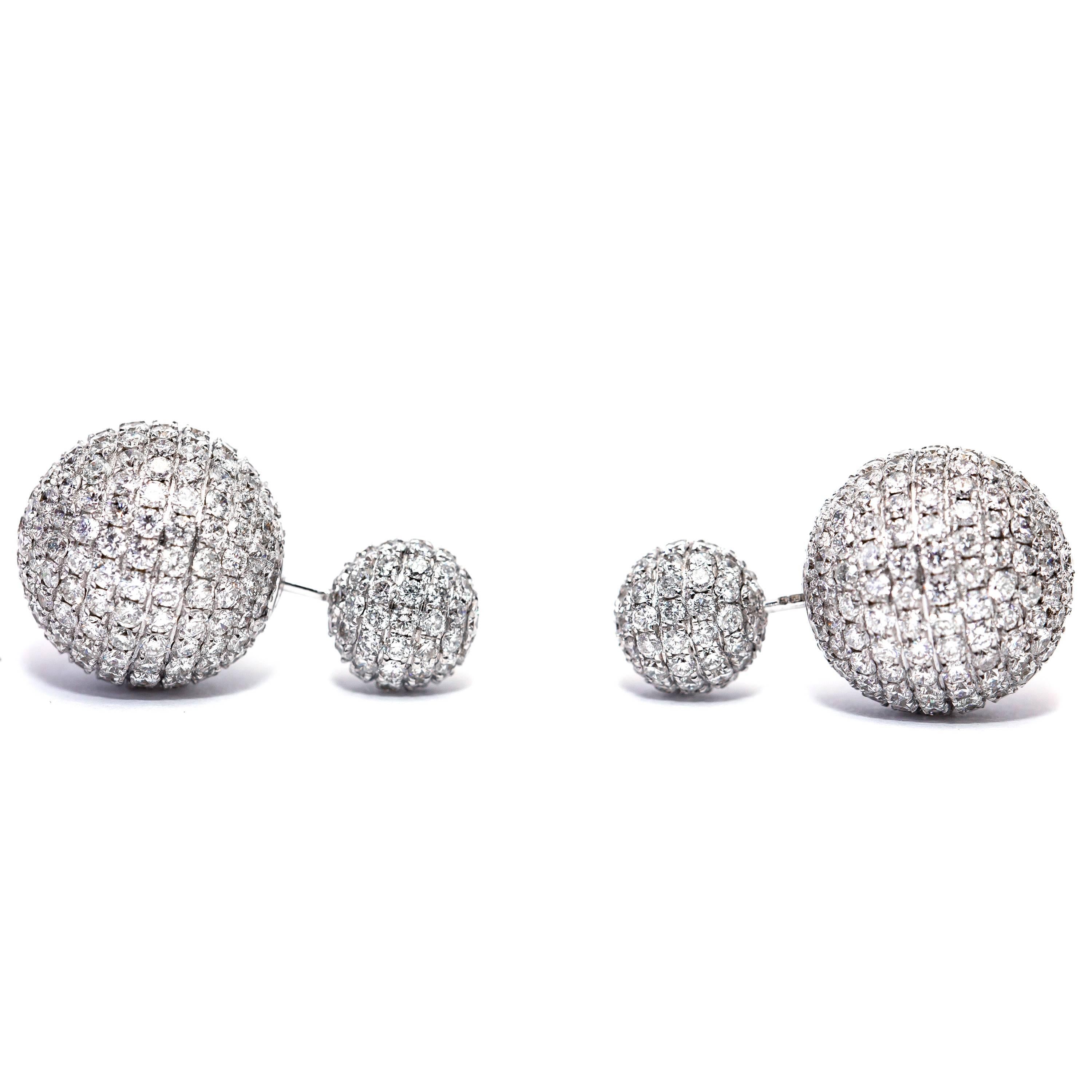 This stunning Double Sphere Earrings magnificently set with 8.50 Carat of Micro Pave Set Color H Clarity SI White Round Brilliant Diamonds. A truly spectacular piece set in 18 Karat White Gold. British Hallmarked.

