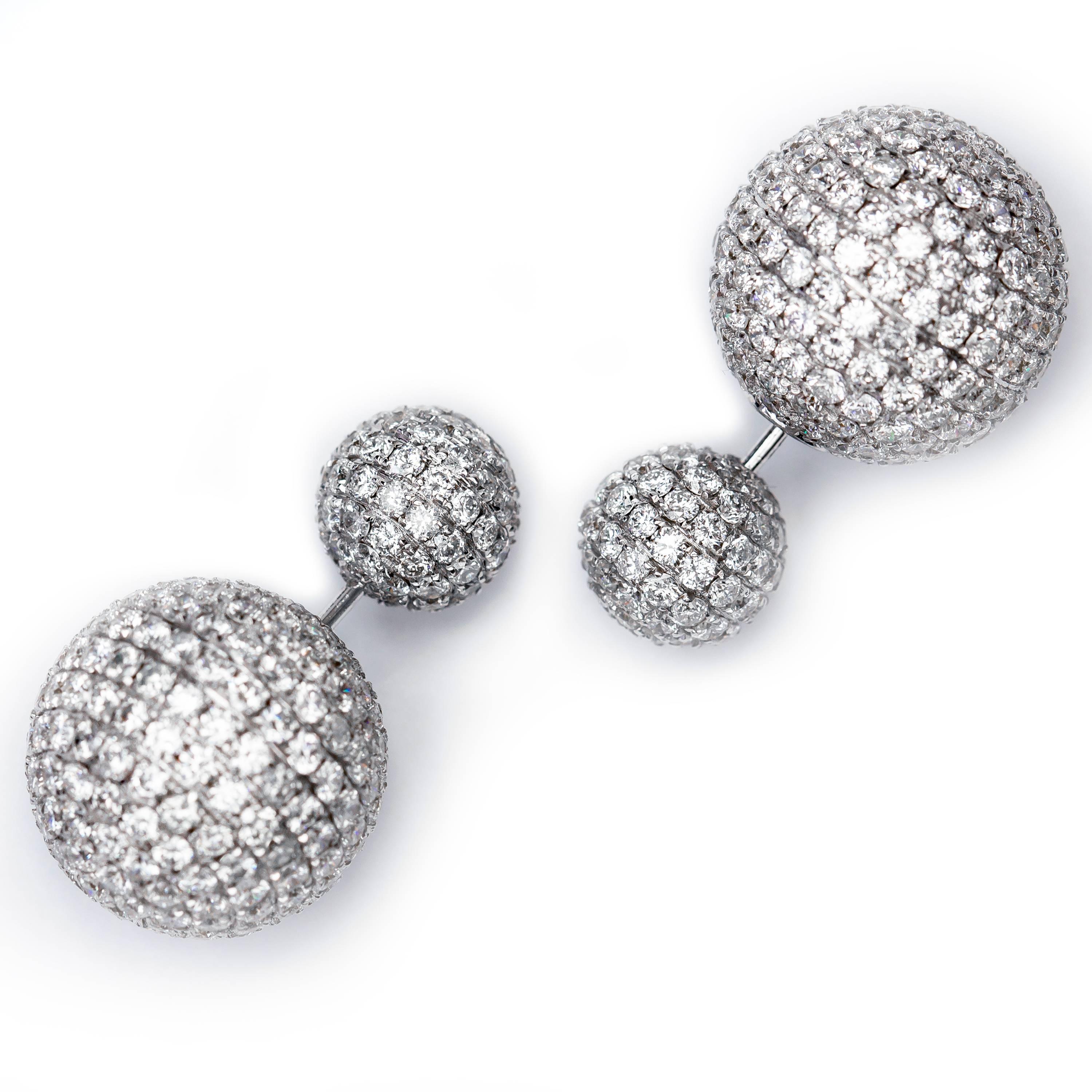 Round Cut 8.50 Carat Round Brilliant Micro Set 18Karat White Gold Diamond Sphere Earrings  For Sale