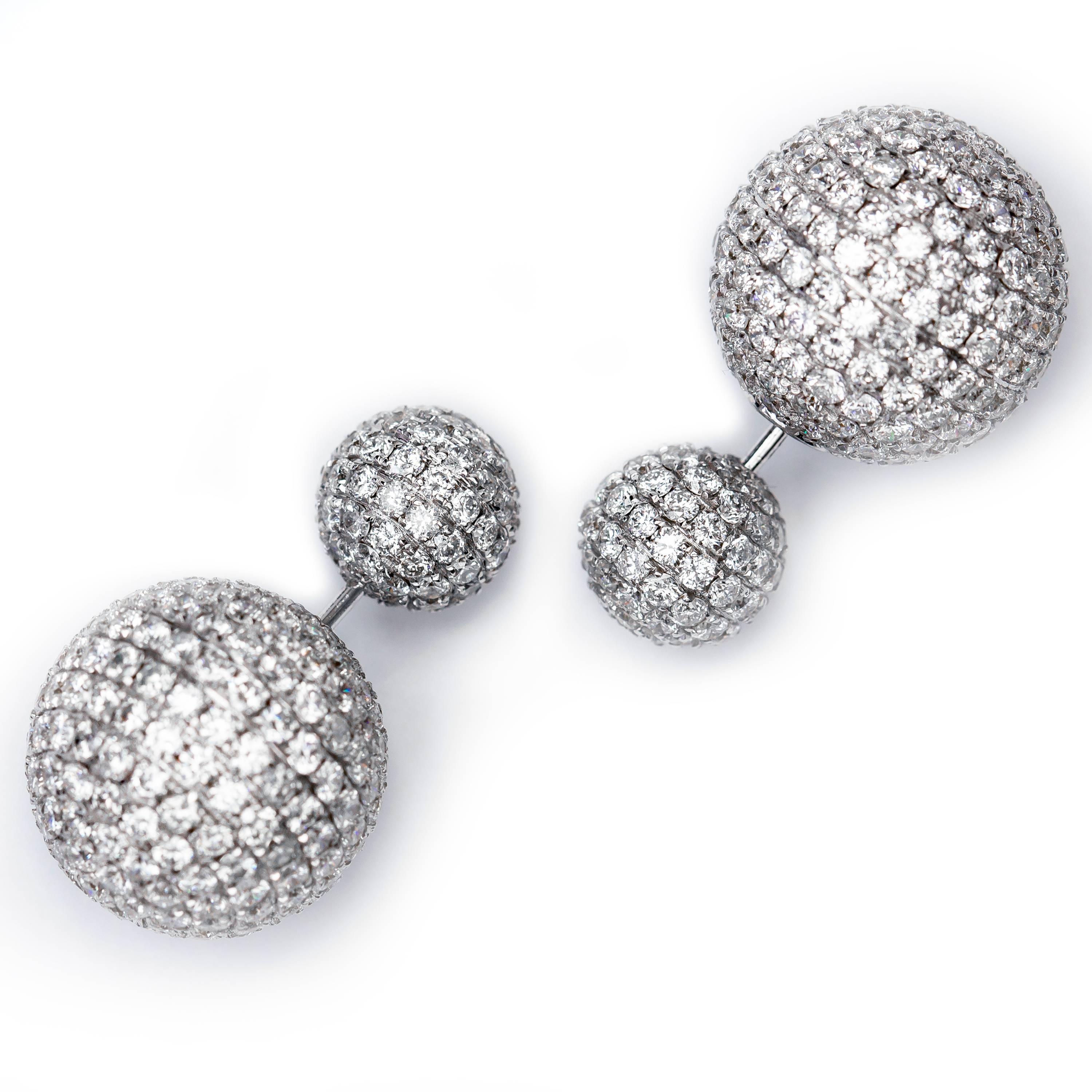 Round Cut 8.50 Carat Round Brilliant Micro Set 18Karat White Gold Diamond Sphere Earrings For Sale