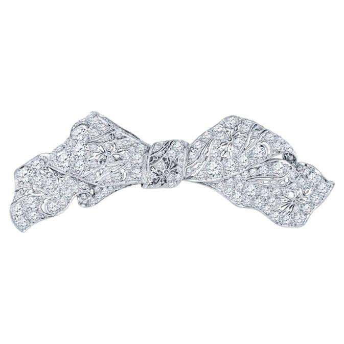 8.50 Carat Total Weight Diamond Bow Brooch, Platinum, Vintage  For Sale
