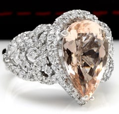 8.50 Carats Natural Morganite and Diamond 14k Solid White Gold Ring
