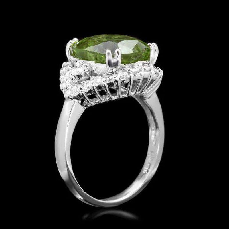 Mixed Cut 8.50 Carats Natural Peridot and Diamond 14K Solid White Gold Ring For Sale