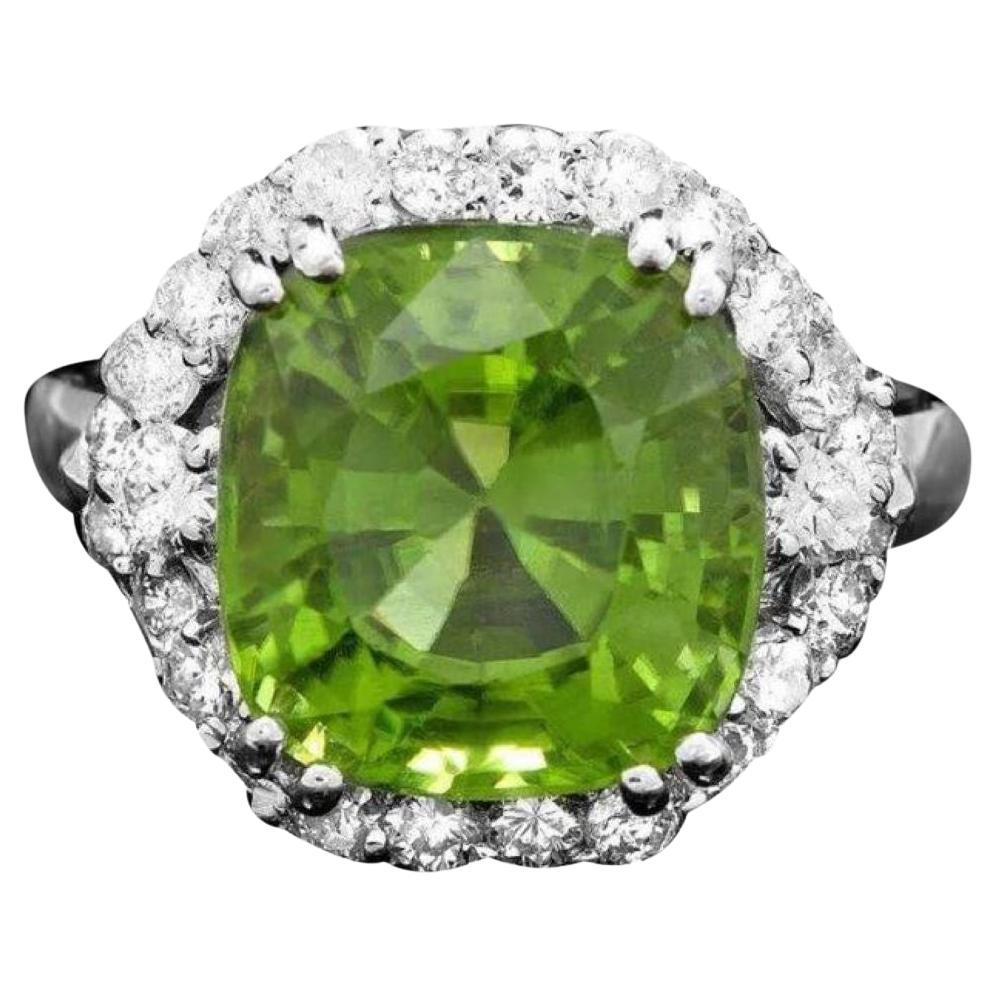 8.50 Carats Natural Peridot and Diamond 14K Solid White Gold Ring For Sale