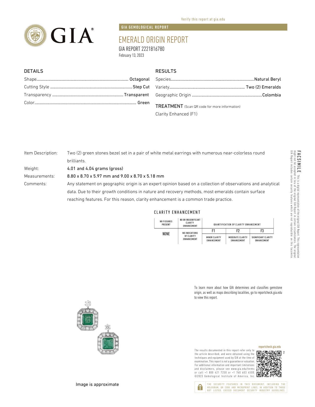 8,50 Karat GIA-zertifizierte kolumbianische Smaragd- und Diamant-Ohrringe (Smaragdschliff) im Angebot