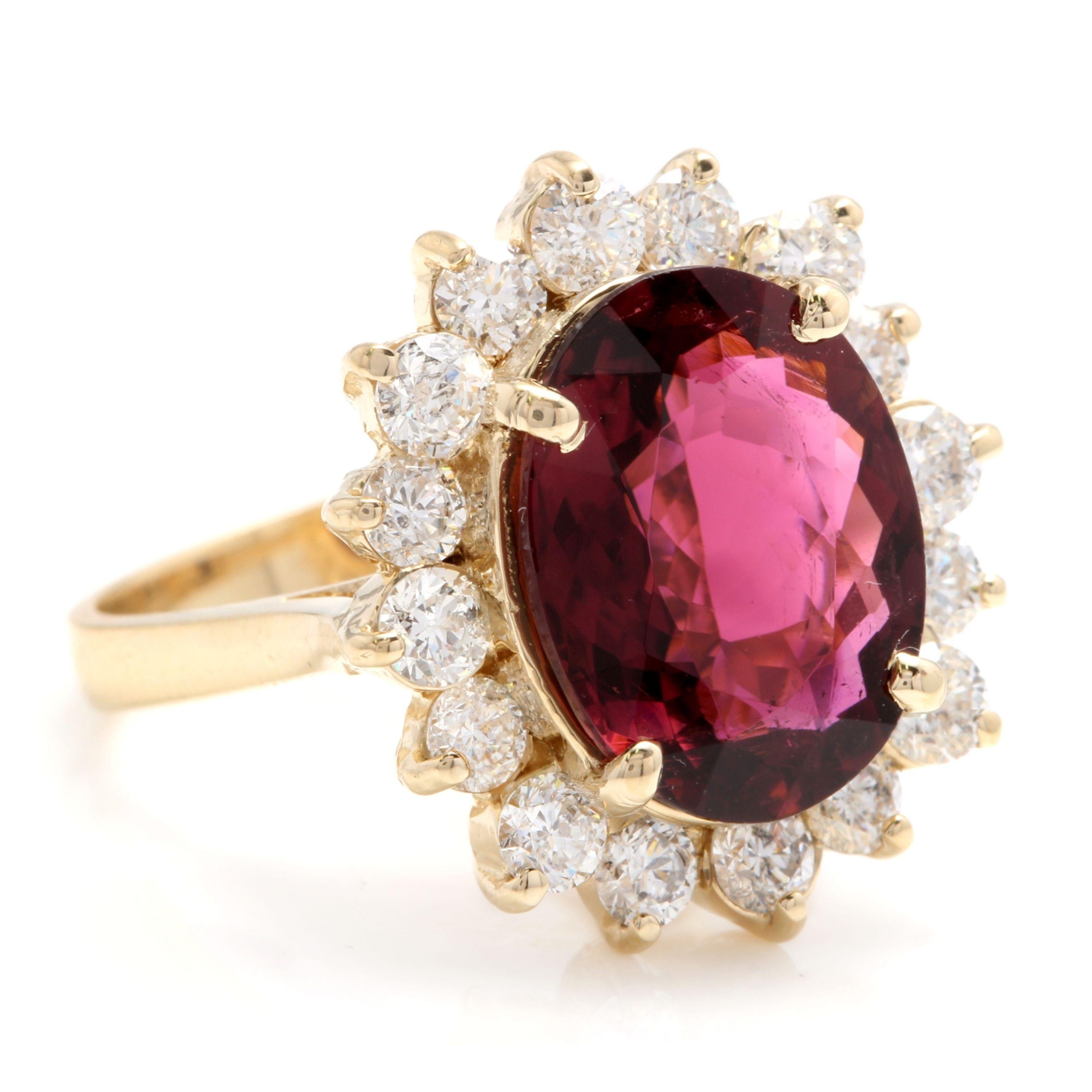 8.50 Carats Natural Very Nice Looking Tourmaline and Diamond 14K Solid Yellow Gold Ring

Total Natural Oval Cut Tourmaline Weight is: Approx. 7.00 Carats (Treatment-Heat)

Tourmaline Measures: Approx. 13.00 x 10.00mm

Natural Round Diamonds Weight: