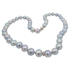 8.50 mm - 9.00 mm Natural Color Blue Akoya Pearl Necklace with Diamond Rondels