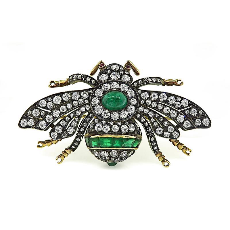 Old Mine Cut 8.50ct Diamond 5.00ct Emerald Bee Pin