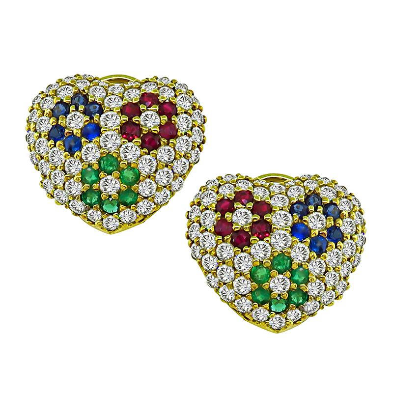Round Cut 8.50ct Diamond Multi Color Precious Stone Heart Pendant and Earrings Set For Sale