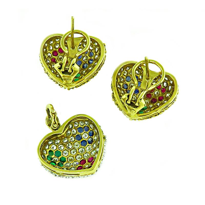 8.50ct Diamond Multi Color Precious Stone Heart Pendant and Earrings Set In Good Condition For Sale In New York, NY