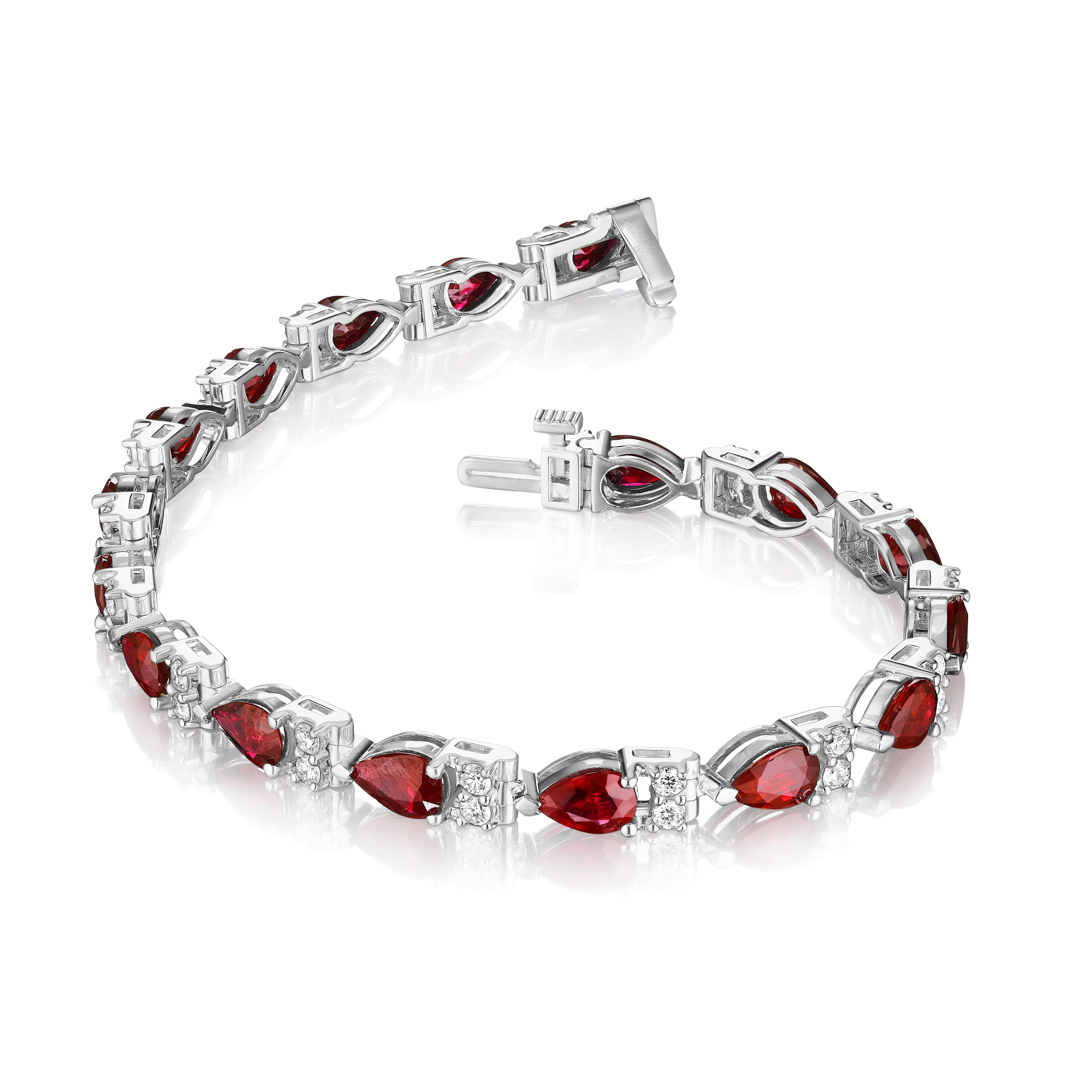 Modern 8.50ct Pear Shape Ruby & Round Diamond Bracelet in 14KT Gold For Sale
