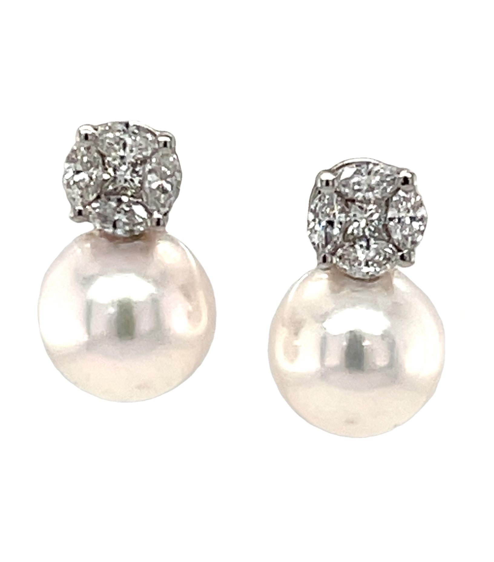 These beautiful pearl and diamond earrings are the modern version of a timeless classic that belongs in everyone's fine jewelry collection! Two gorgeous 8.5mm white Akoya pearls are set as drops beneath sparkling diamond tops in 18k white gold and
