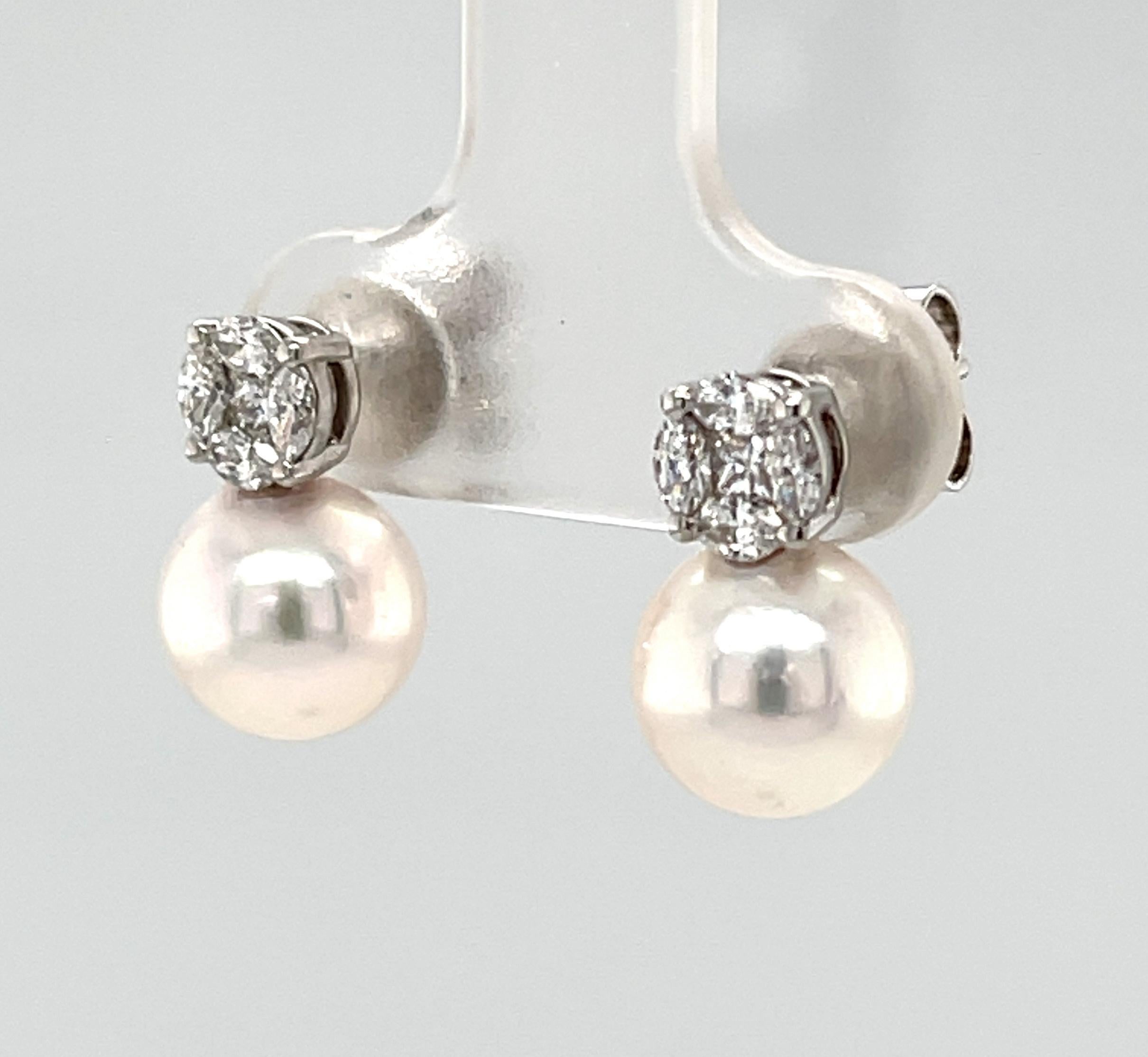 Artisan 8.50mm Akoya Saltwater Pearl and Diamond Earrings in 18k White Gold For Sale