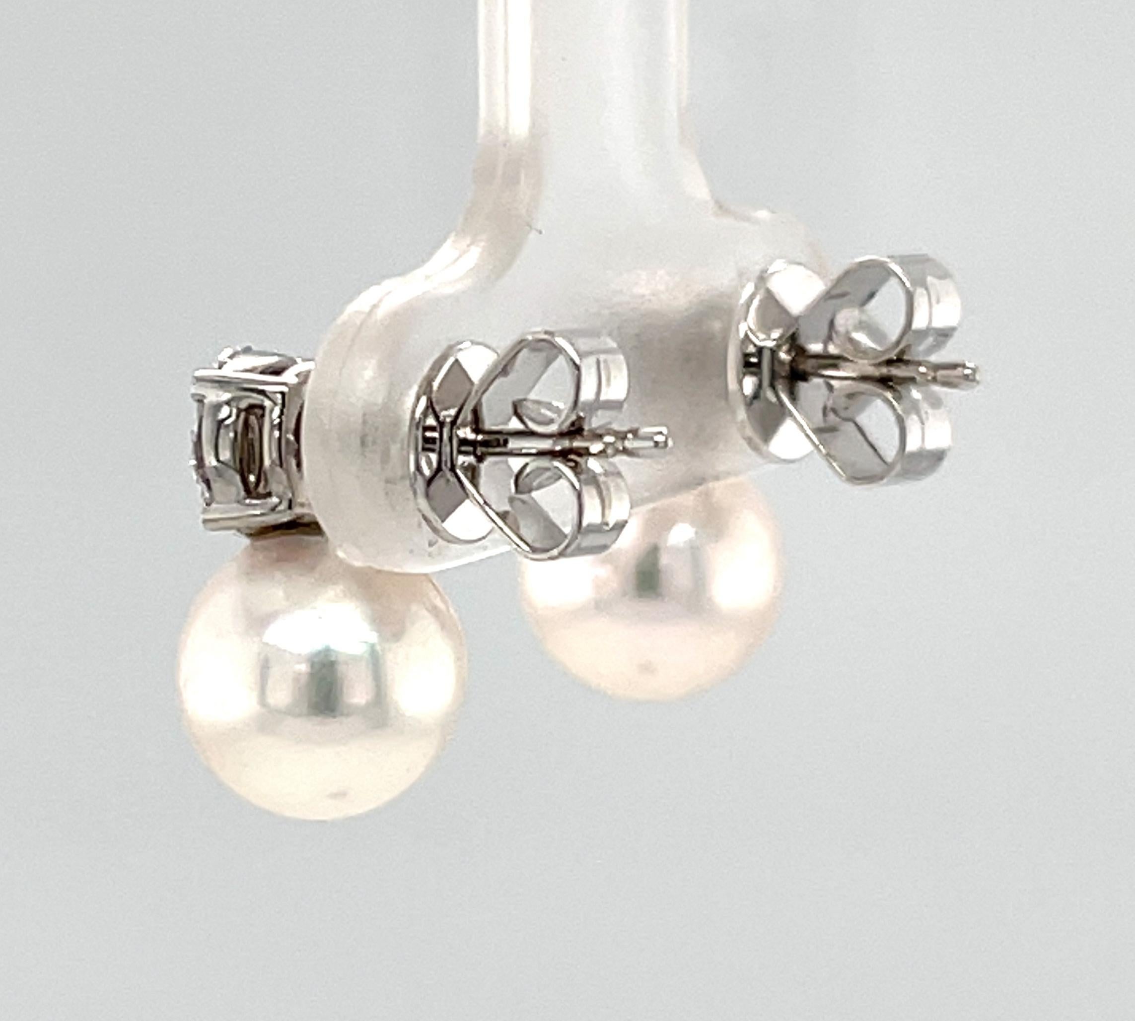 Round Cut 8.50mm Akoya Saltwater Pearl and Diamond Earrings in 18k White Gold For Sale