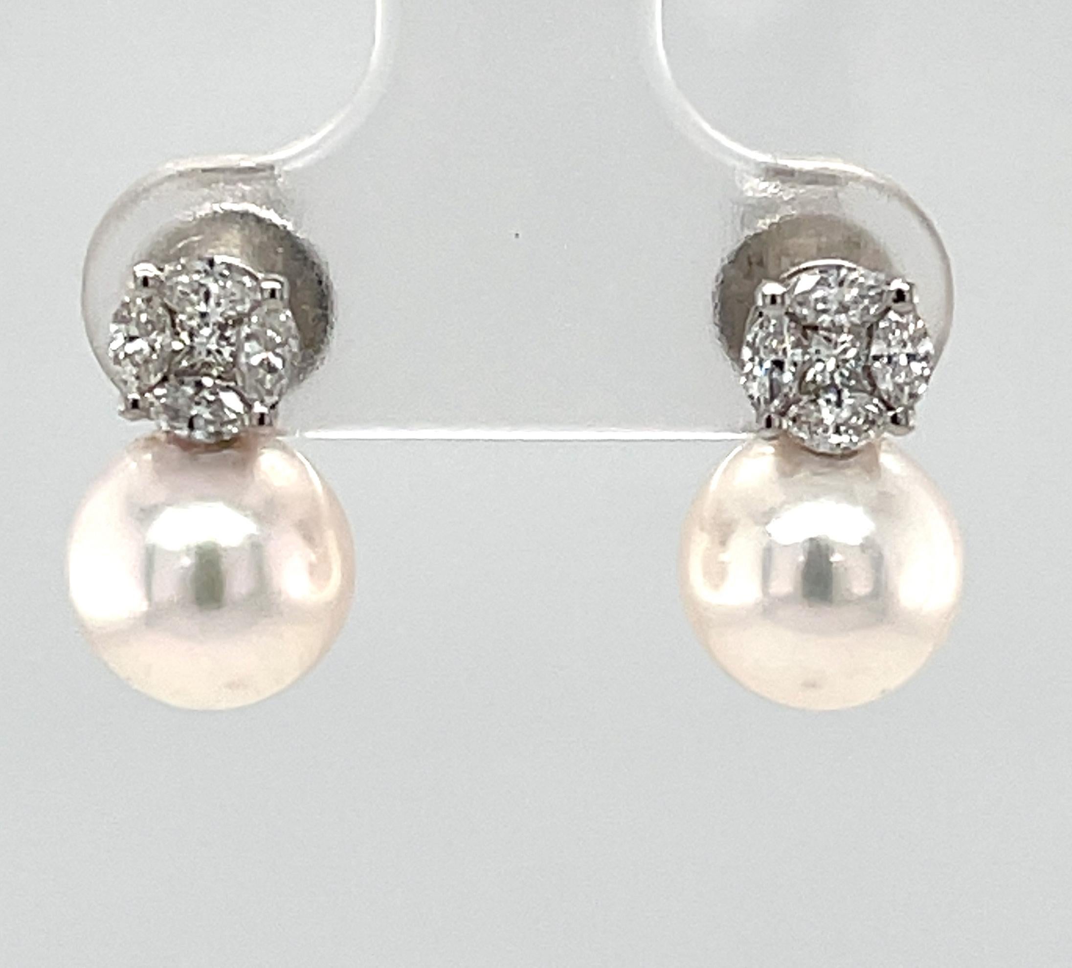8.50mm Akoya Saltwater Pearl and Diamond Earrings in 18k White Gold For Sale 2