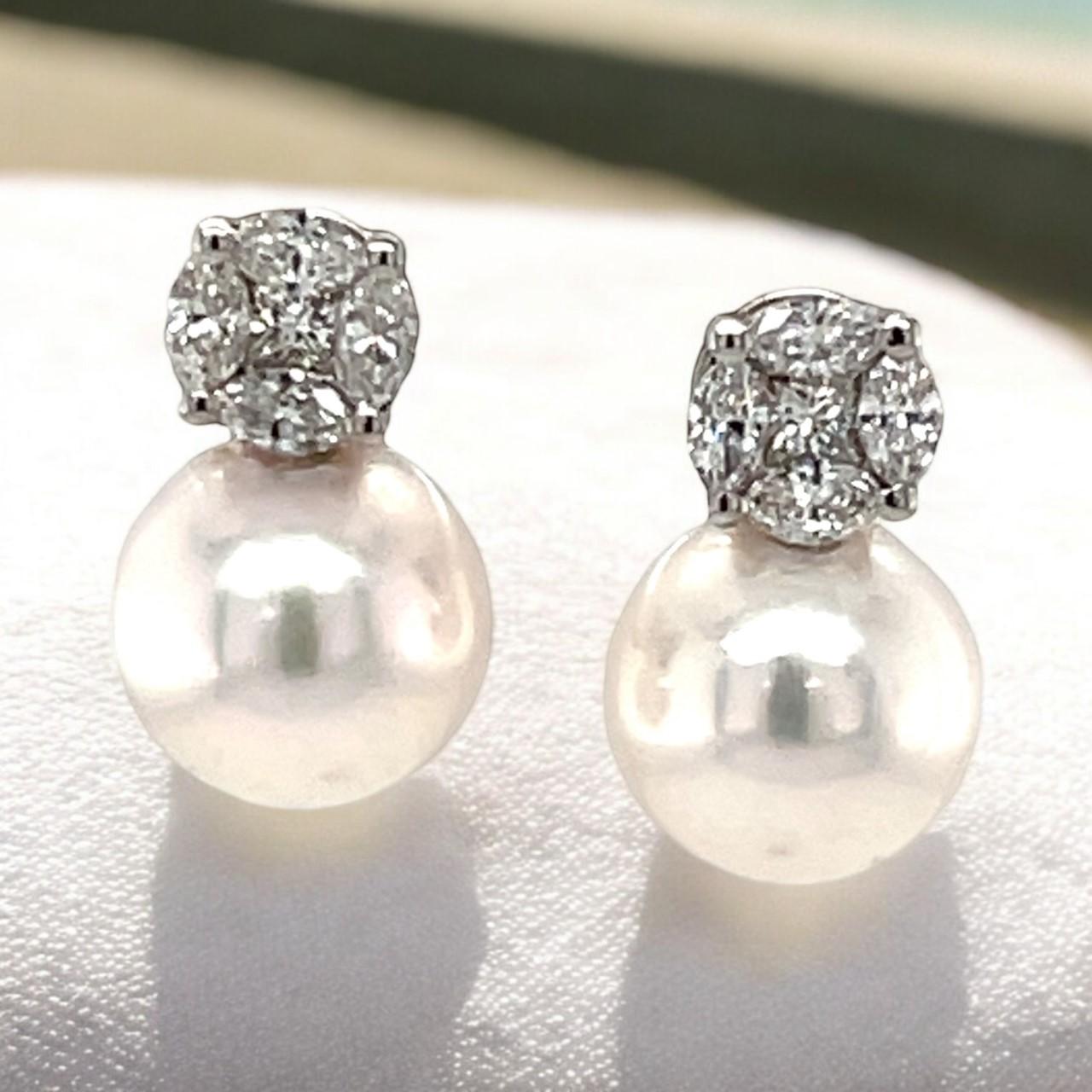 8.50mm Akoya Saltwater Pearl and Diamond Earrings in 18k White Gold For Sale 3