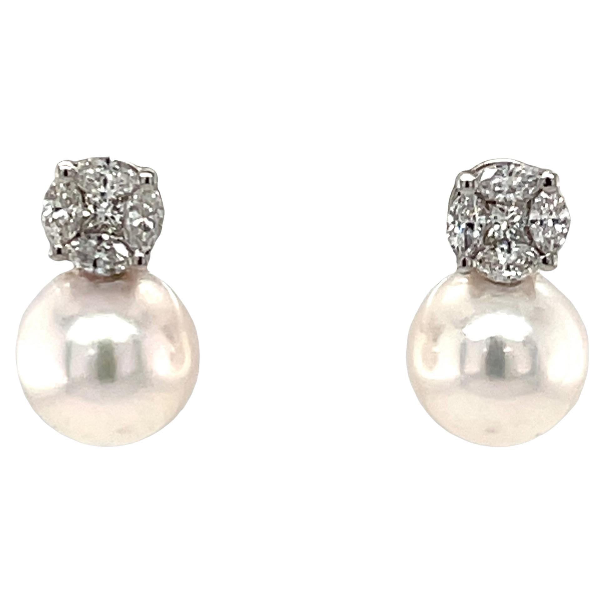 8.50mm Akoya Saltwater Pearl and Diamond Earrings in 18k White Gold For Sale