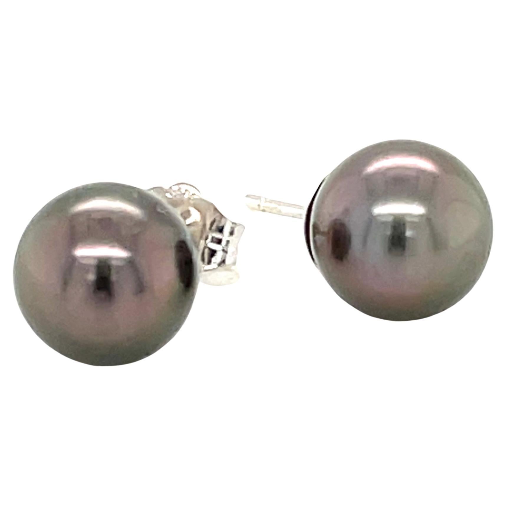 Pendientes de botón con perlas negras de Tahití de 8,50 mm en oro blanco de 14k en venta