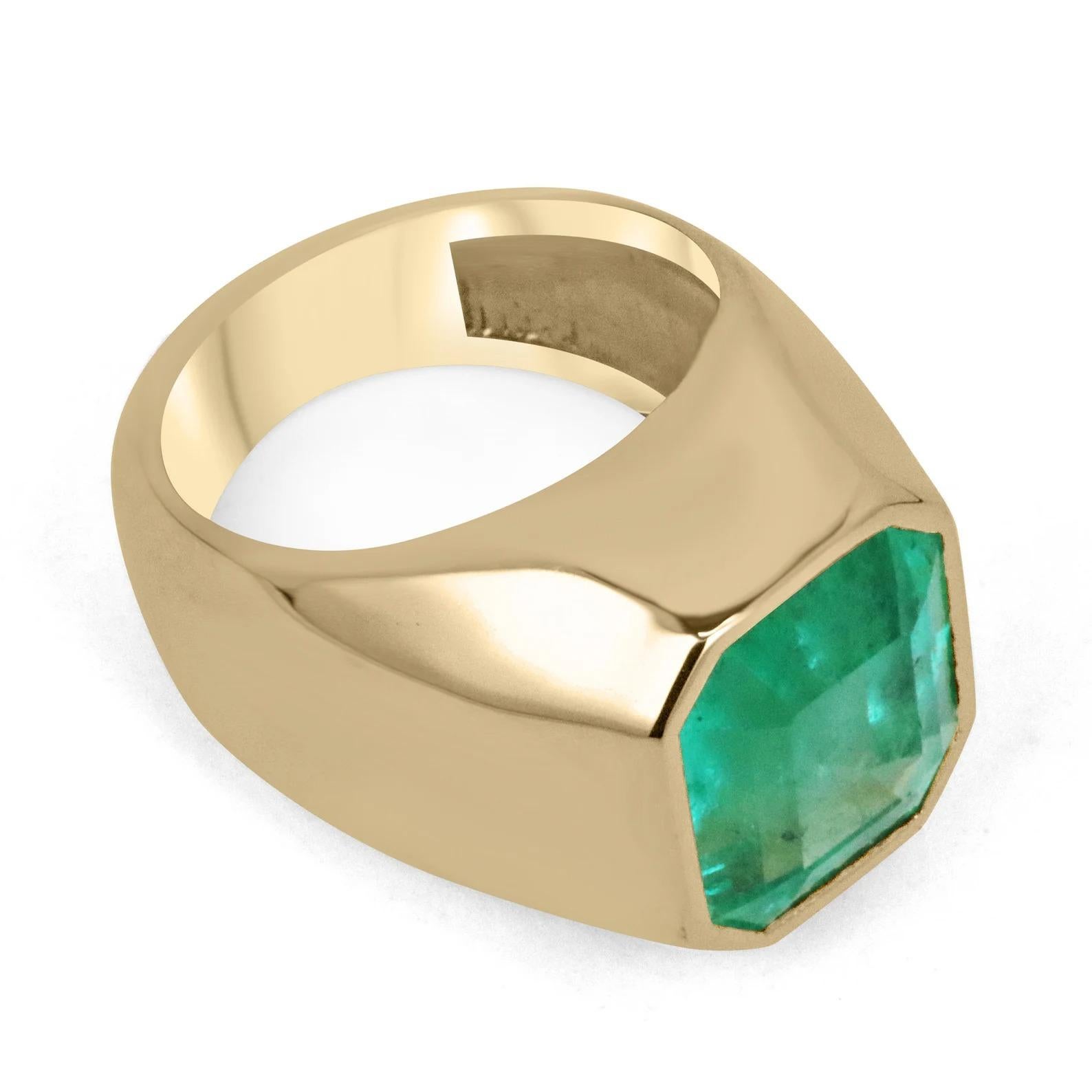 A one-of-a-kind, exclusive, LARGE TOP QUALITY Colombian emerald solitaire HULK ring. Dexterously handcrafted in gleaming solid 18K yellow gold, this ring features a HUGE 8.51-carat natural ethically sourced Colombian emerald, emerald cut from the