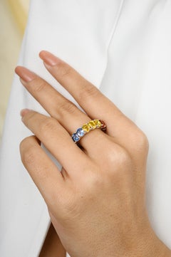 8.51 Carat Multi Colored Oval Sapphire 18k White Gold Eternity Band Ring