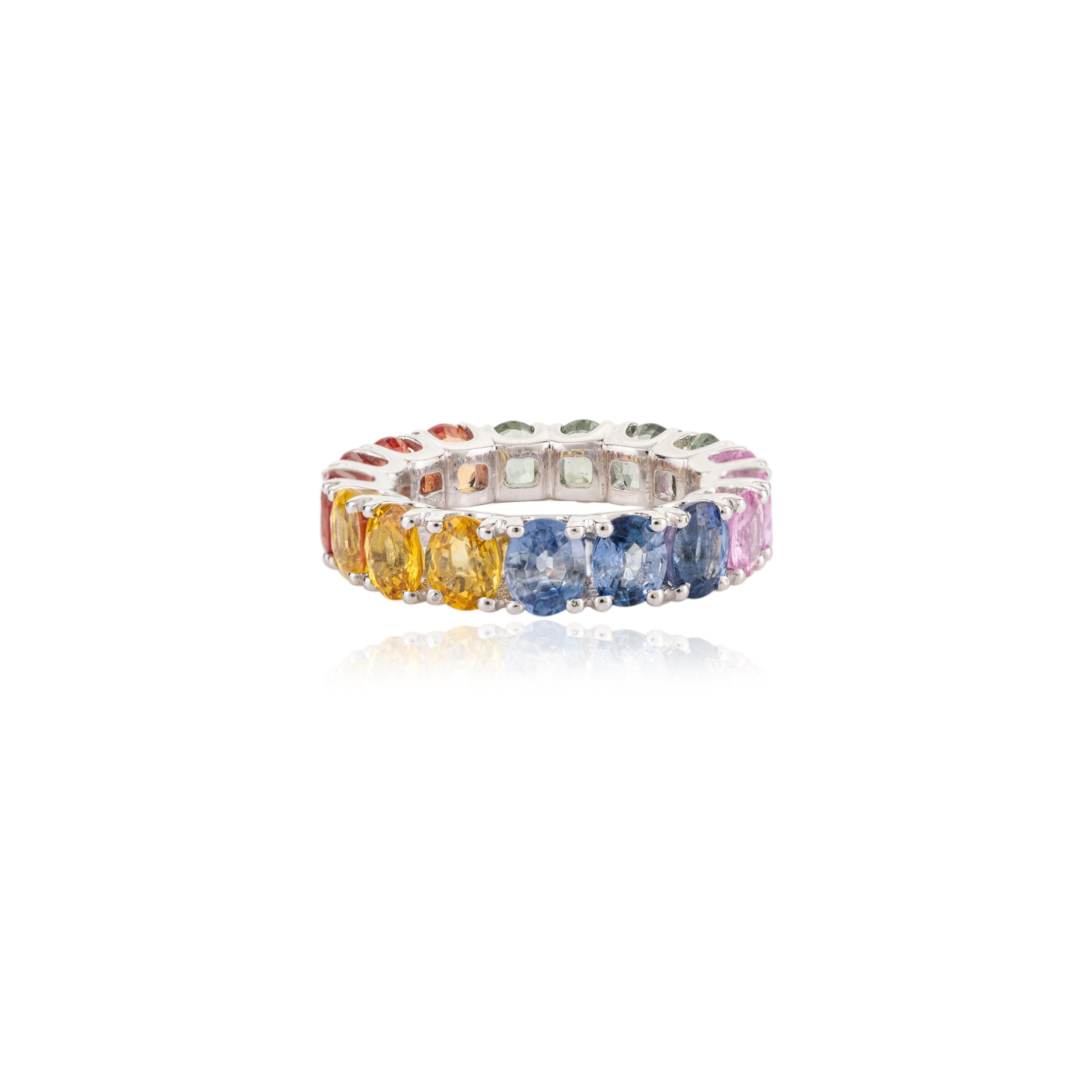 For Sale:  8.51 Carat Multi Colored Oval Sapphire 18k White Gold Eternity Band Ring 3