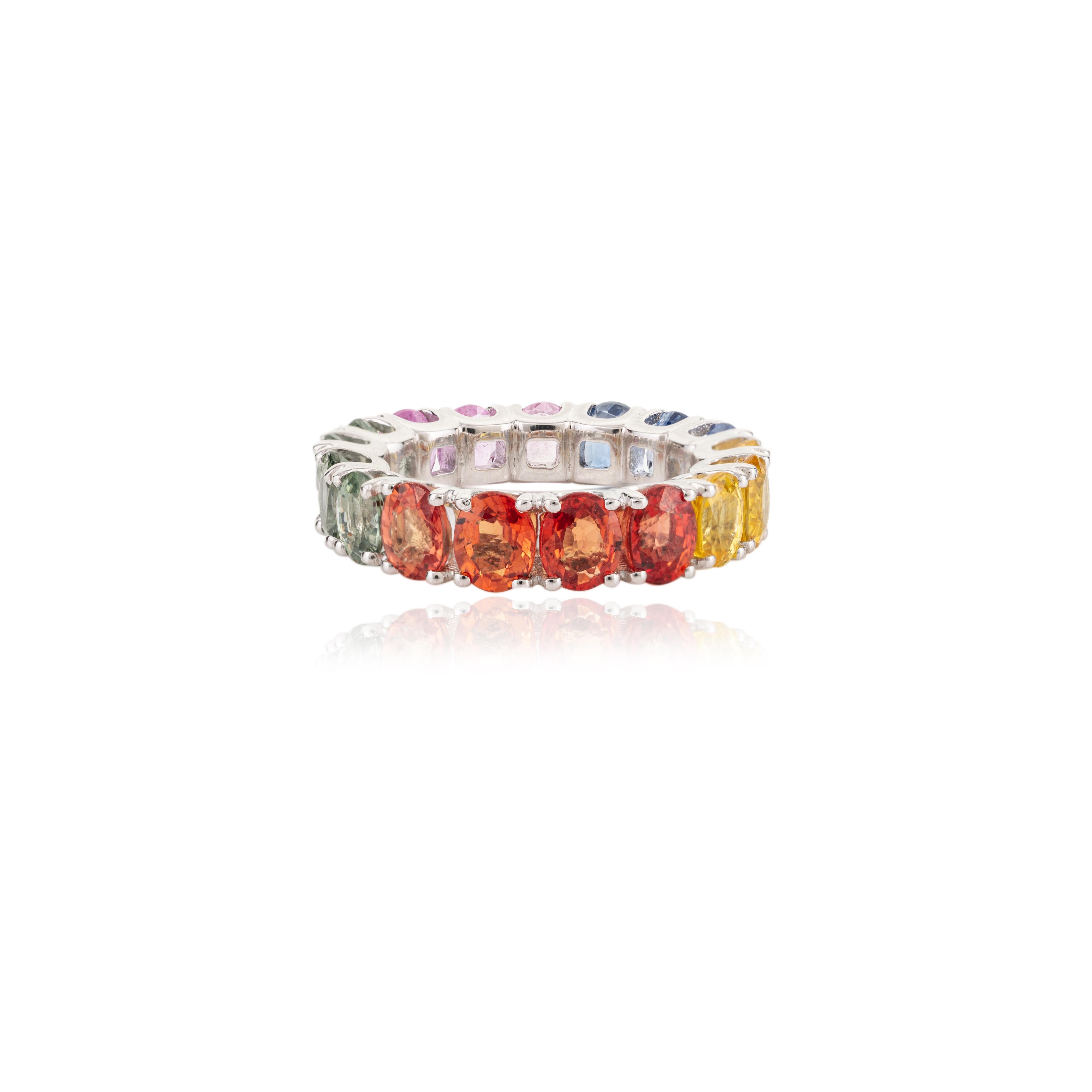 For Sale:  8.51 Carat Multi Colored Oval Sapphire 18k White Gold Eternity Band Ring 5
