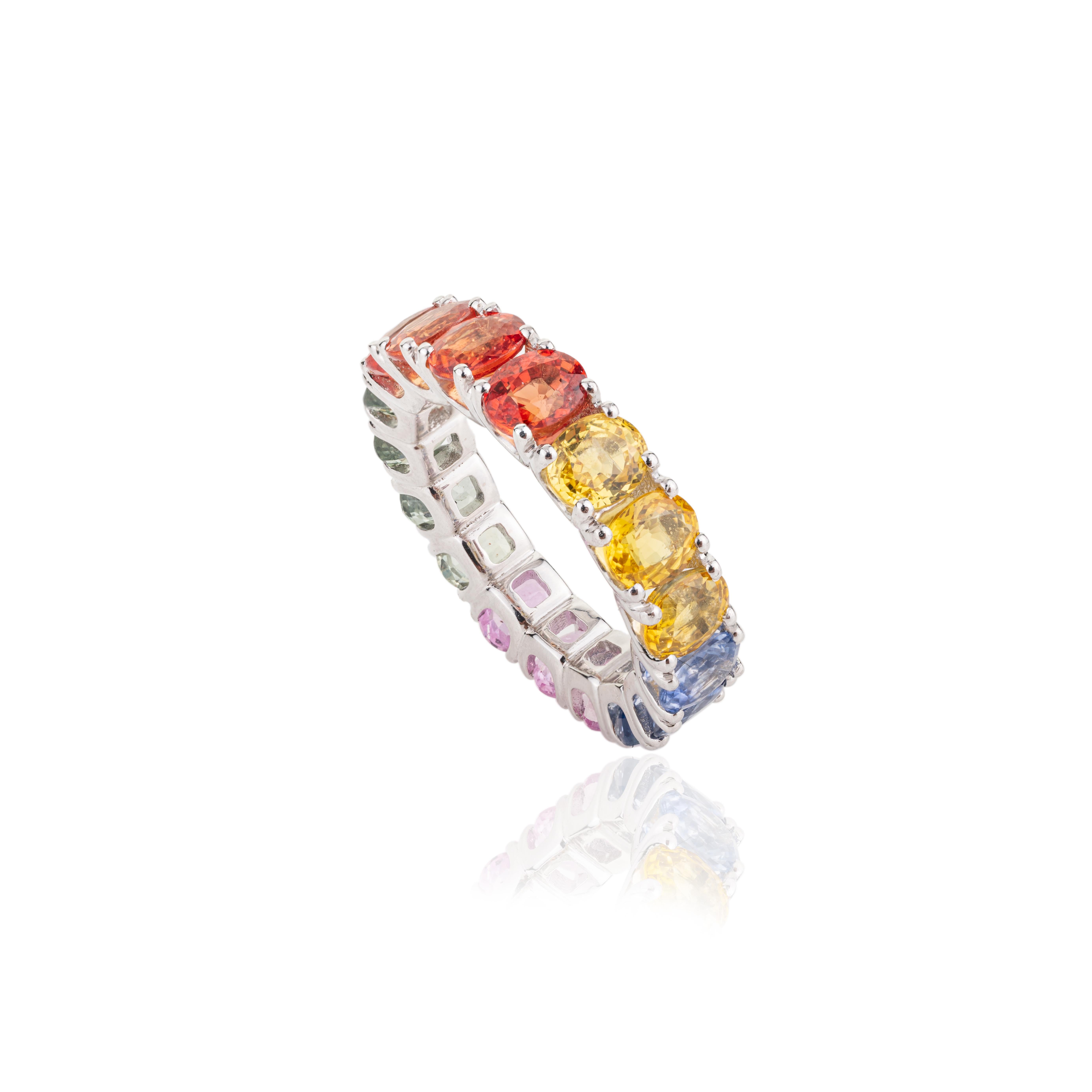 For Sale:  8.51 Carat Multi Colored Oval Sapphire 18k White Gold Eternity Band Ring 7