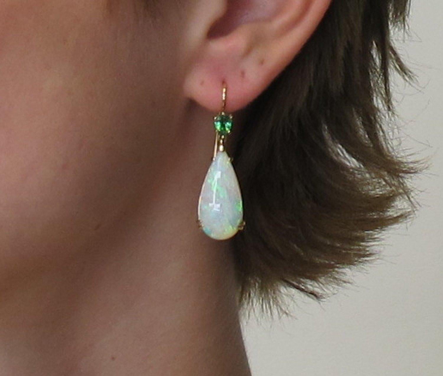 Pear Cut 8.51 ct. t.w. Opal Pear and Tsavorite Yellow Gold French Wire Drop Earrings
