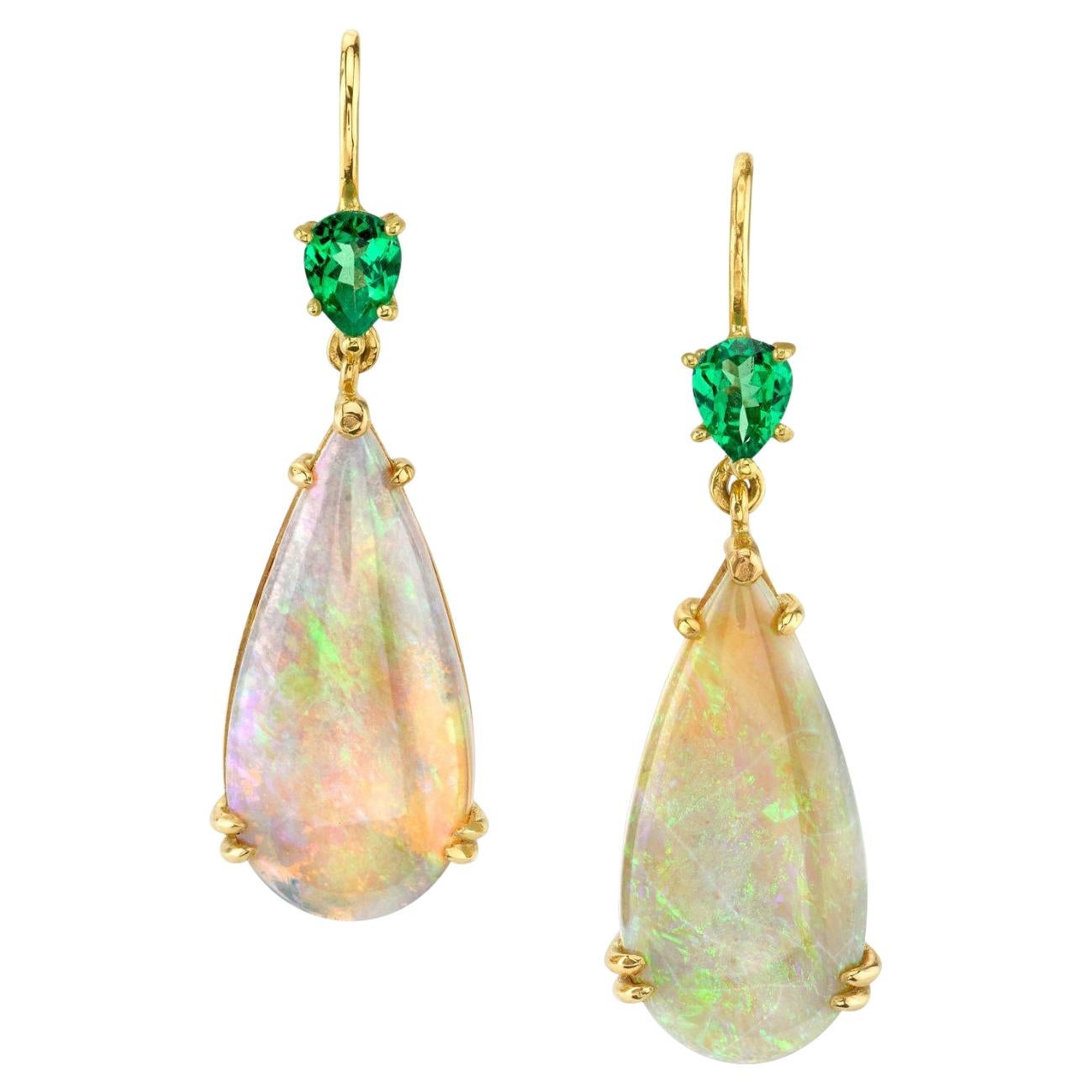 8.51 ct. t.w. Opal Pear and Tsavorite Yellow Gold French Wire Drop Earrings