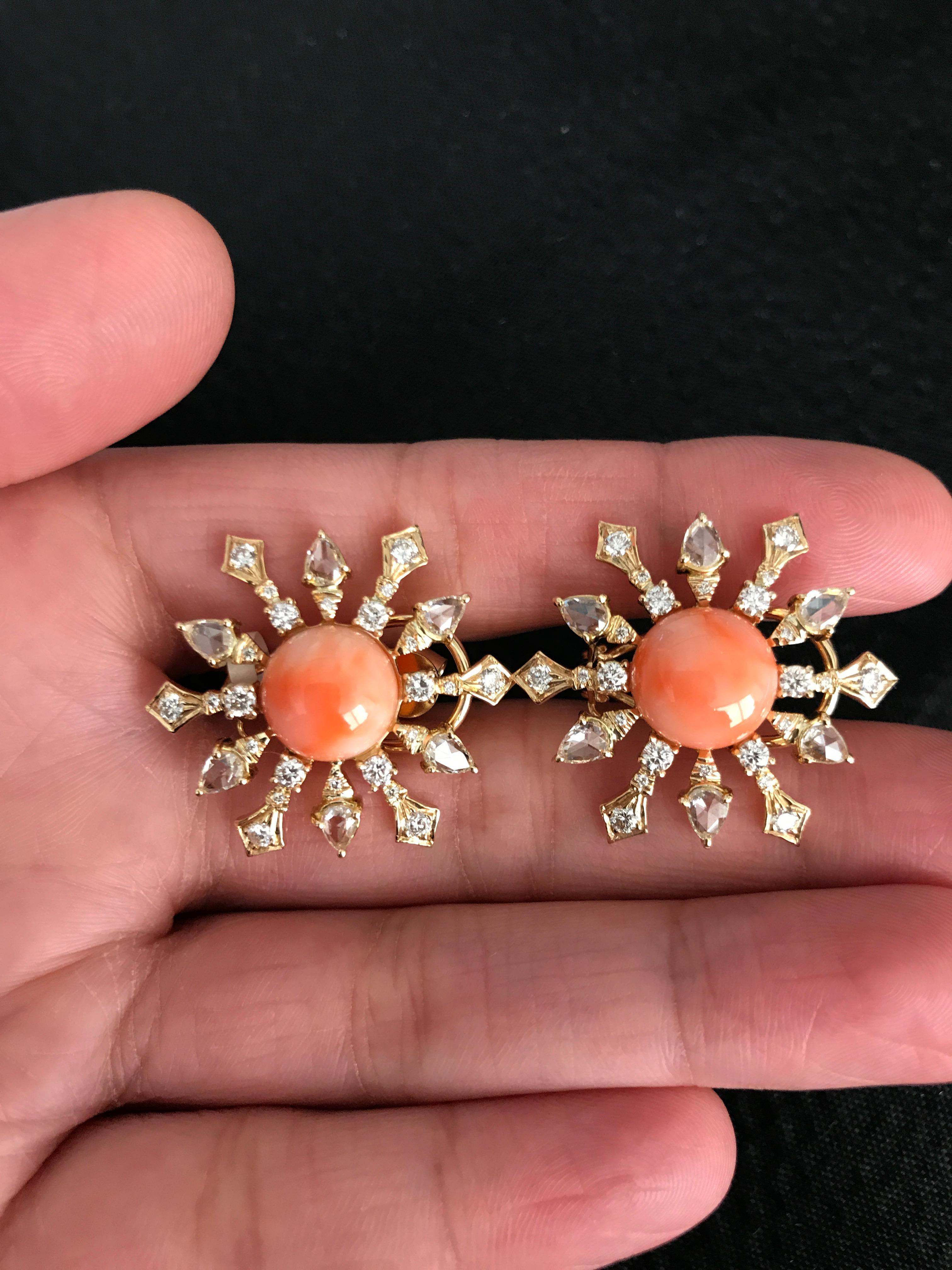 Art Deco 8.51 Carat Round Coral and Diamond Stud Earrings