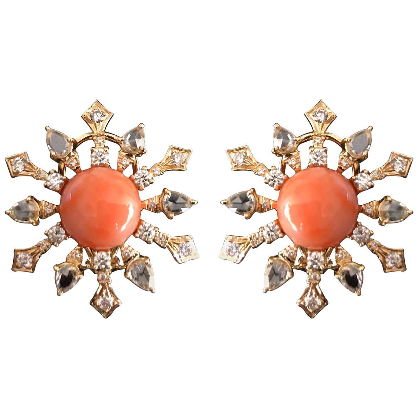 8.51 Carat Round Coral and Diamond Stud Earrings