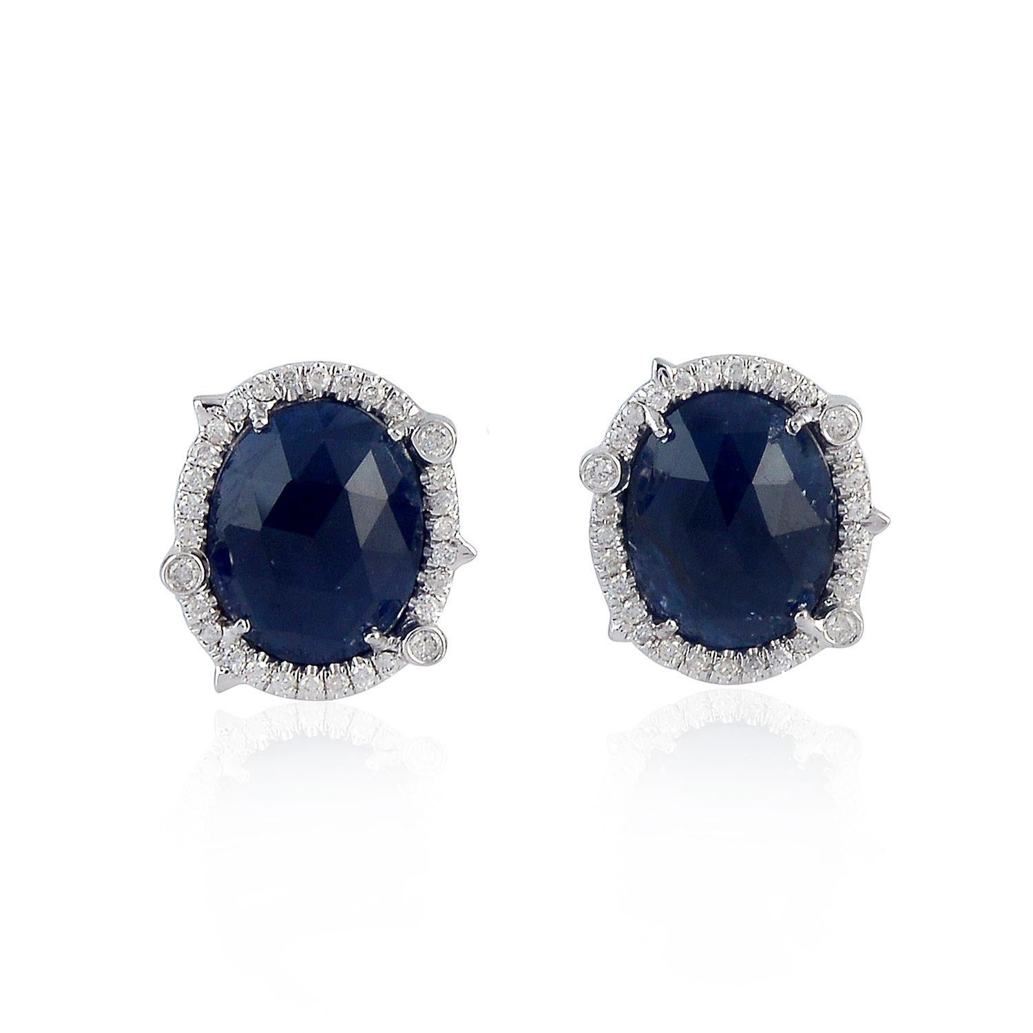 Taille rose Meghna Jewels, clous d'oreilles en or 14 carats avec saphir bleu de 8,51 carats et diamants en vente