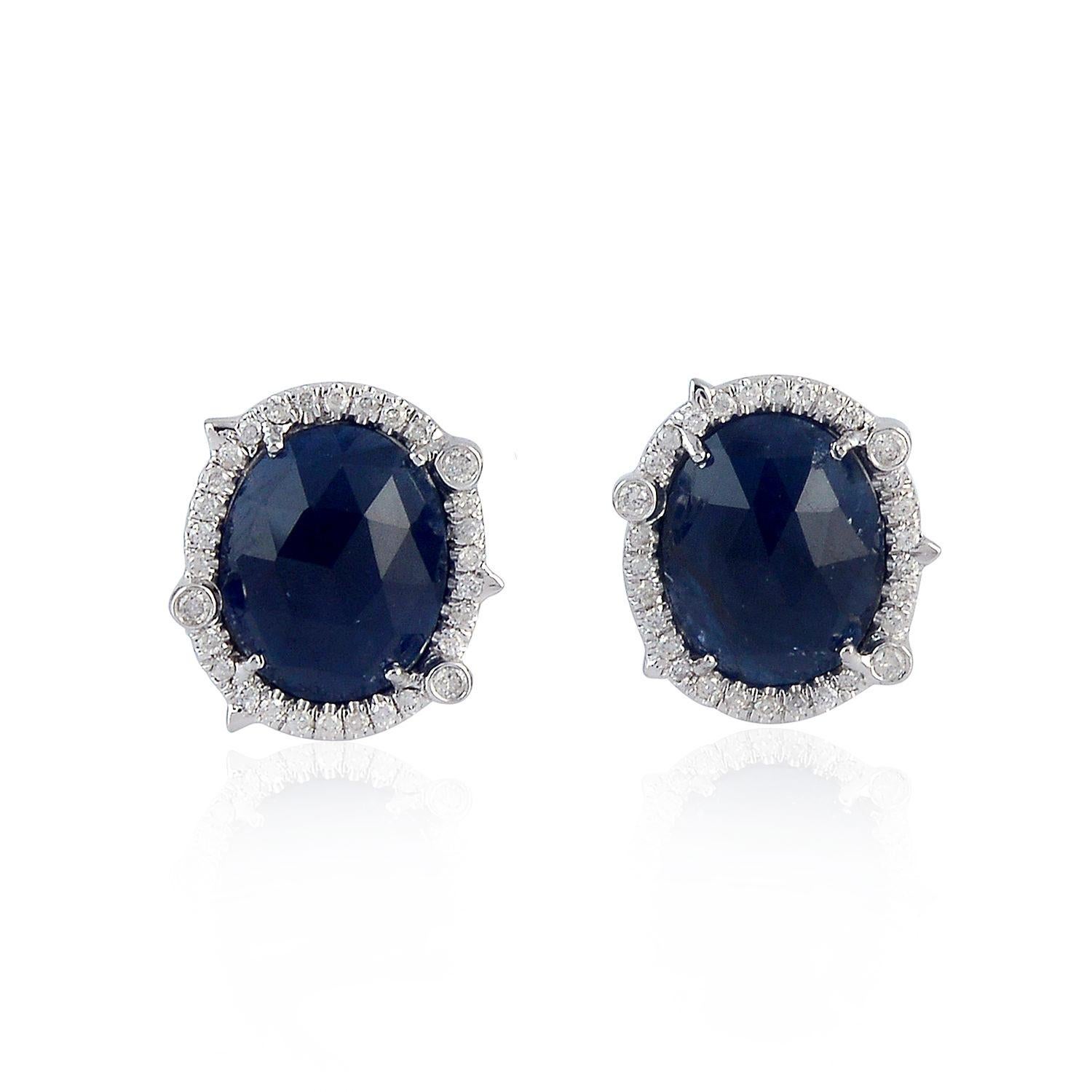 Rose Cut 8.51 Carat Blue Sapphire Diamond 18 Karat Gold Stud Earrings For Sale